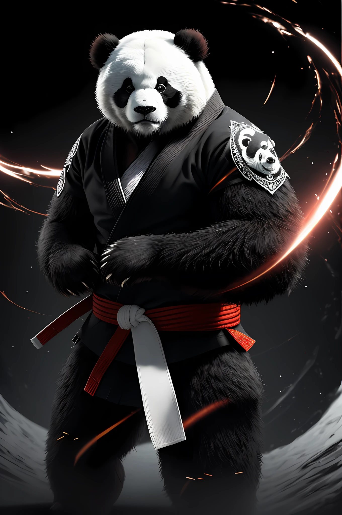 (extremely detailed 8k wallpaper, full body), intricate, richly detailed, dramatic, (Panda bear with black and white jiu-jitsu kimono), Tekken style, ready for combat, Sinister face is drawn with only a pair of red eyes peeking underneath, graphics insanely, light is reflected in the ornaments, dark, show the whole person with some distance from the surroundings to get your own license.