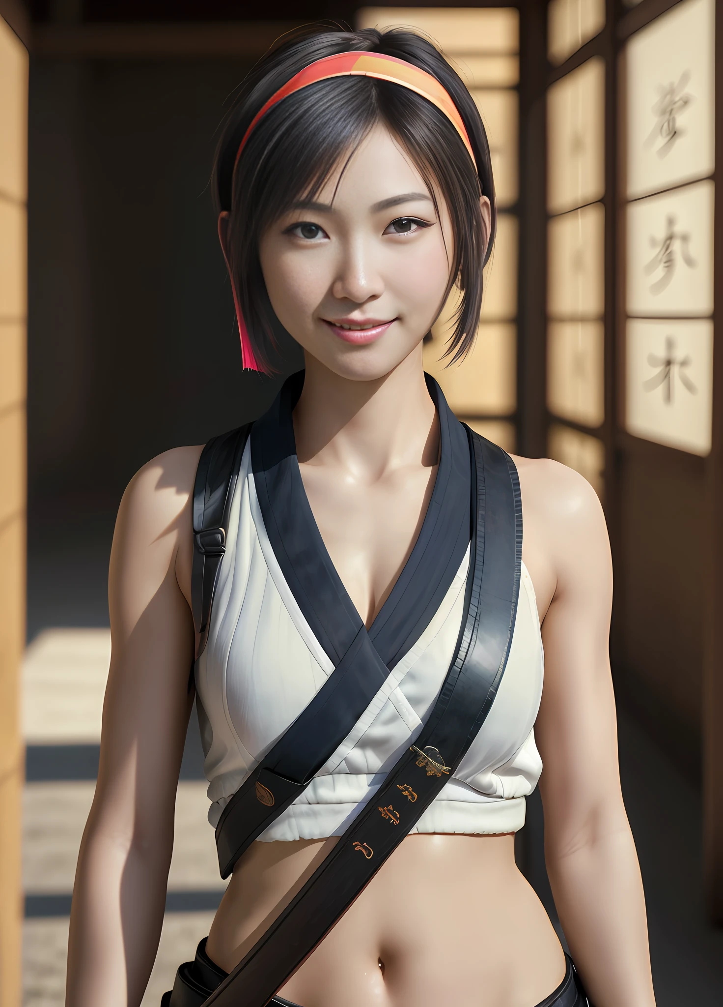 +(((masterpiece))), Master works, best image quality, higher quality, high detail, 8k resolution, exquisite facial features, perfect face, glowing skin, girl, Japanese ninja, smile, colorful short hair, headband, dynamic angle, (((hands behind))), samurai sword, natural light, street background.