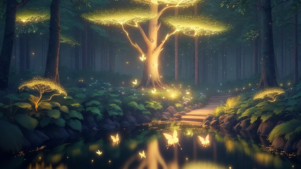 A masterpiece, the best quality, stunning reflections, the best reflections ever. (very detailed CG unity 8k wallpapers), (best quality), (best illustrations), forest theme with natural elements. Tall trees, quiet streams, glowing flowers of various colors, surrounded by delicate leaves and branches, with fireflies and glowing particle effects (natural elements), (jungle theme), (leaves), (twigs ), (fireflies), butterflies, (delicate leaves), (glow), (particle effects). , Isometric 3D, Octane Rendering, Ray Traced, Super Detailed