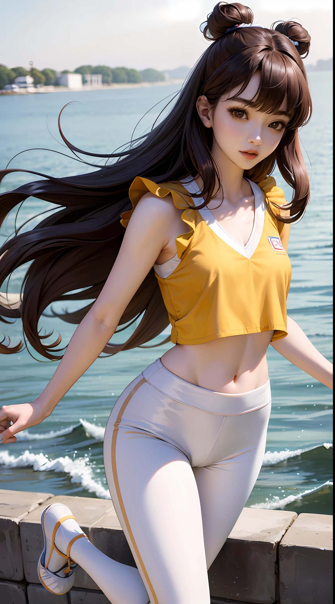 A Korean beautiful girl wearing a white vest and leggings and shorts, slender figure, full-body photo, long brown hair, bangs hairstyle bow, melon seed face, big eyes of Shui Lingling, sexy small mouth, slightly upturned lips, medium chest, background seaside park, sexy and charming, standing, super shorts, slim figure, sexy and charming