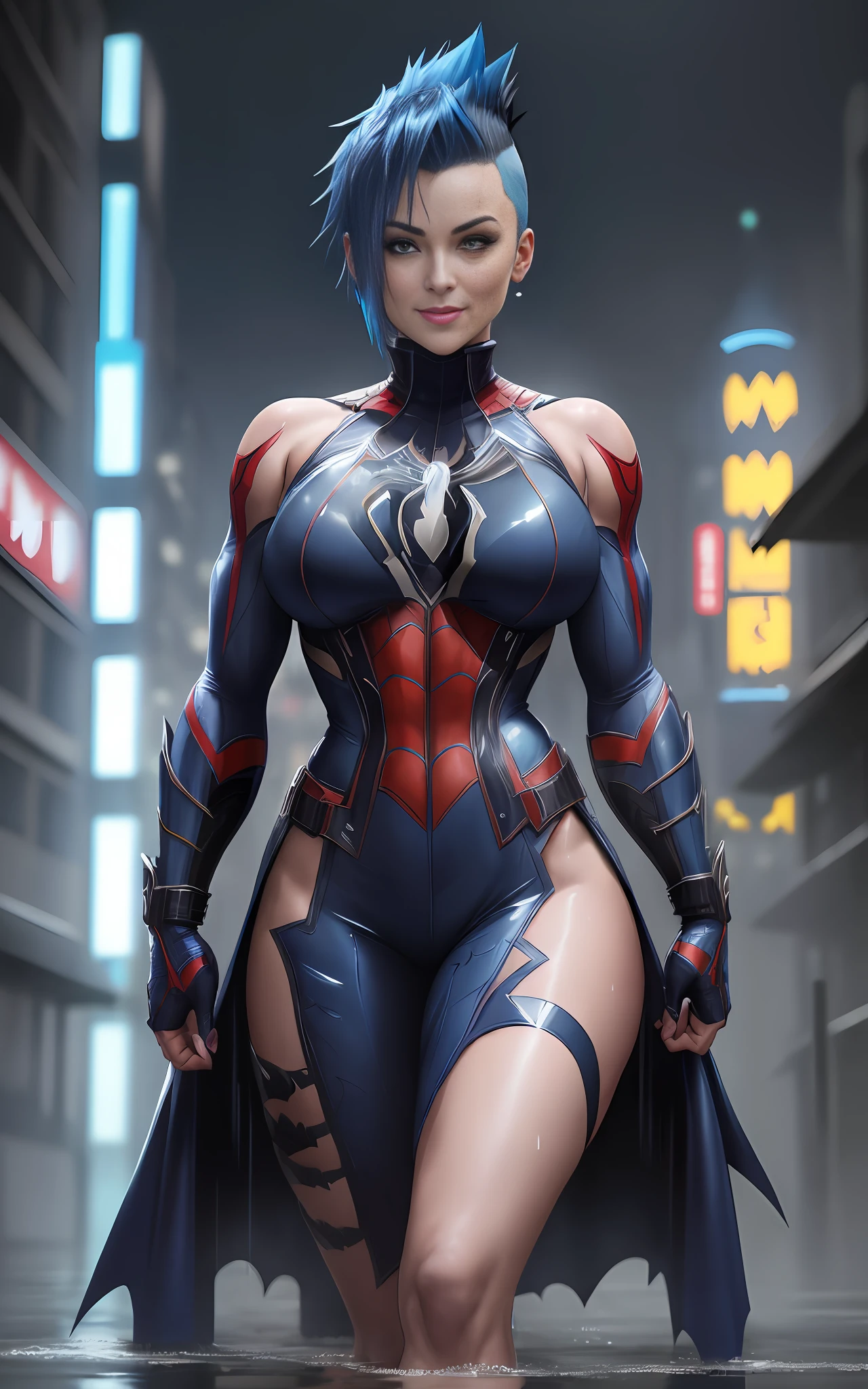 16k image, Anime style, Mortal Kombat, ((([Woman|as| Batman| Spider-Man]))), short blue mohawk hair, blue eyes, looking at the viewer, smiling, holding futuristic weapons, futuristic macabre city, very heavy rain, wet body, soaked clothes.