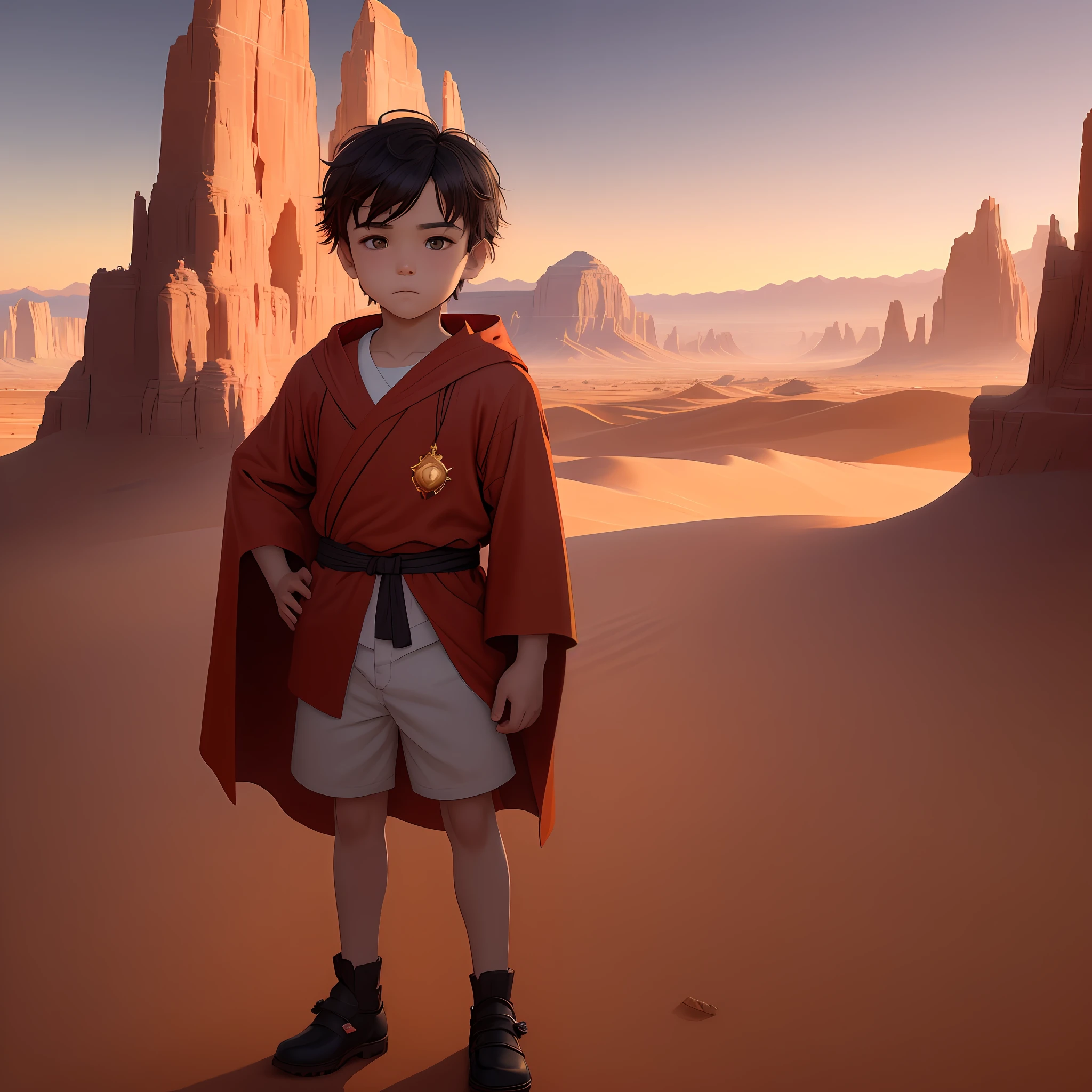 pproximately 6 years old is at the center of the scene, wearing a bright red robe. He is depicted standing with his hands on his hips and a curious, determined look on his youthful face. The red robe stands out against the surrounding desert environment as the sun sets in the background, painting the sky in golden and orange hues. On the horizon, we see the majestic and imposing mountains that seem to surround the place with a mystical aura. The boy appears to be at a crossroads, symbolizing the decision and destiny that await him as he prepares to walk the path of his future. His expression reveals a mixture of innocence and courage, a hint of the important role he will play in this epic narrative.