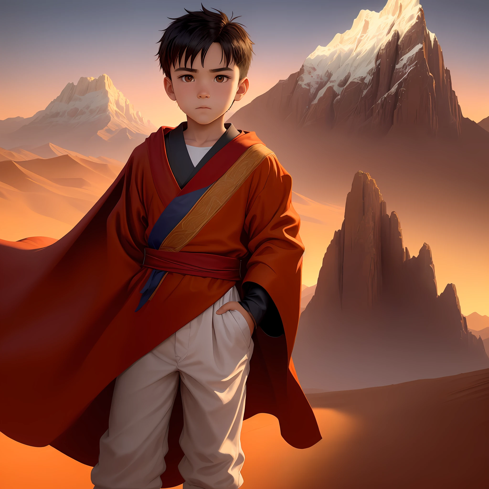 pproximately 6 years old is at the center of the scene, wearing a bright red robe. He is depicted standing with his hands on his hips and a curious, determined look on his youthful face. The red robe stands out against the surrounding desert environment as the sun sets in the background, painting the sky in golden and orange hues. On the horizon, we see the majestic and imposing mountains that seem to surround the place with a mystical aura. The boy appears to be at a crossroads, symbolizing the decision and destiny that await him as he prepares to walk the path of his future. His expression reveals a mixture of innocence and courage, a hint of the important role he will play in this epic narrative.