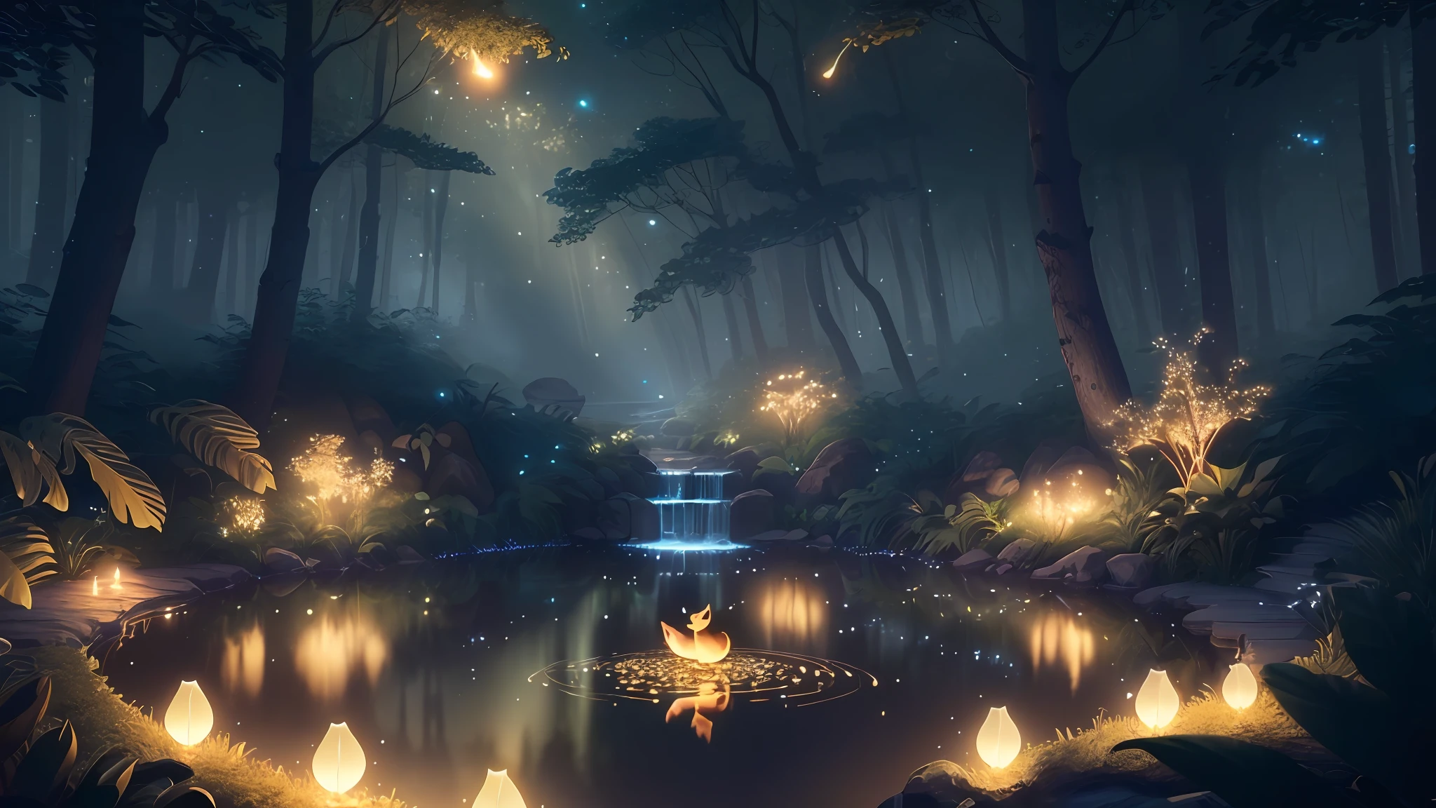 Masterpiece, best quality, (very detailed CG unity 8k wallpaper), (best quality), (best illustration), (best shadows), glow sprite, with a glowing deer, in the swimming pool Drinking water, natural elements in the forest theme. Mysterious forest, beautiful forest, nature, surrounded by flowers, delicate leaves and branches surrounded by fireflies (natural elements), (jungle theme), (leaves), (twigs), (fireflies), (particle effects) etc. 3D , Octane rendering, ray tracing, super detailed