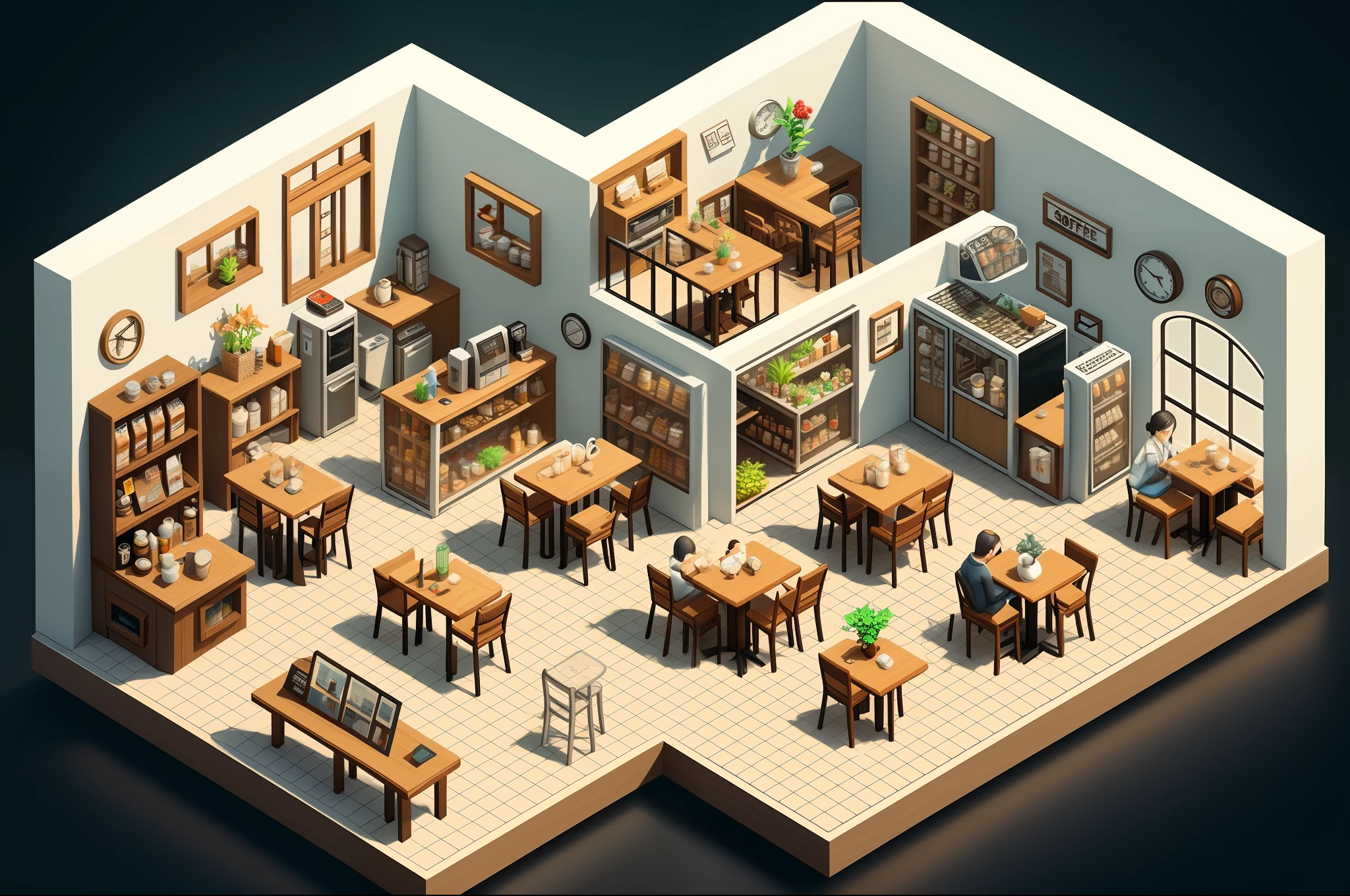 Coffee shop, miniature scene, simulation business game, orthogonal perspective, isometric perspective, realistic style,