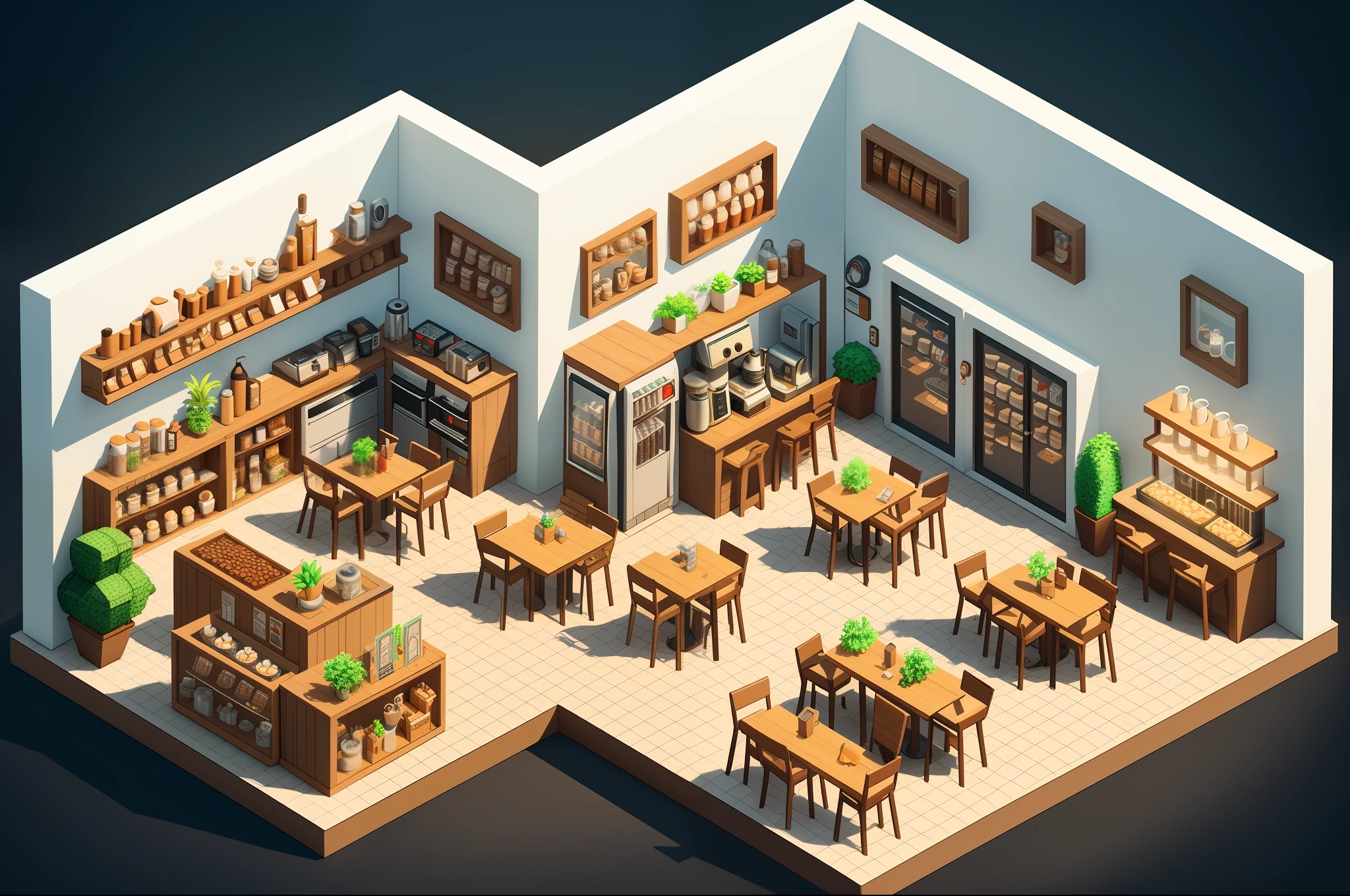 Coffee shop, miniature scene, simulation business game, orthogonal perspective, isometric perspective, realistic style,