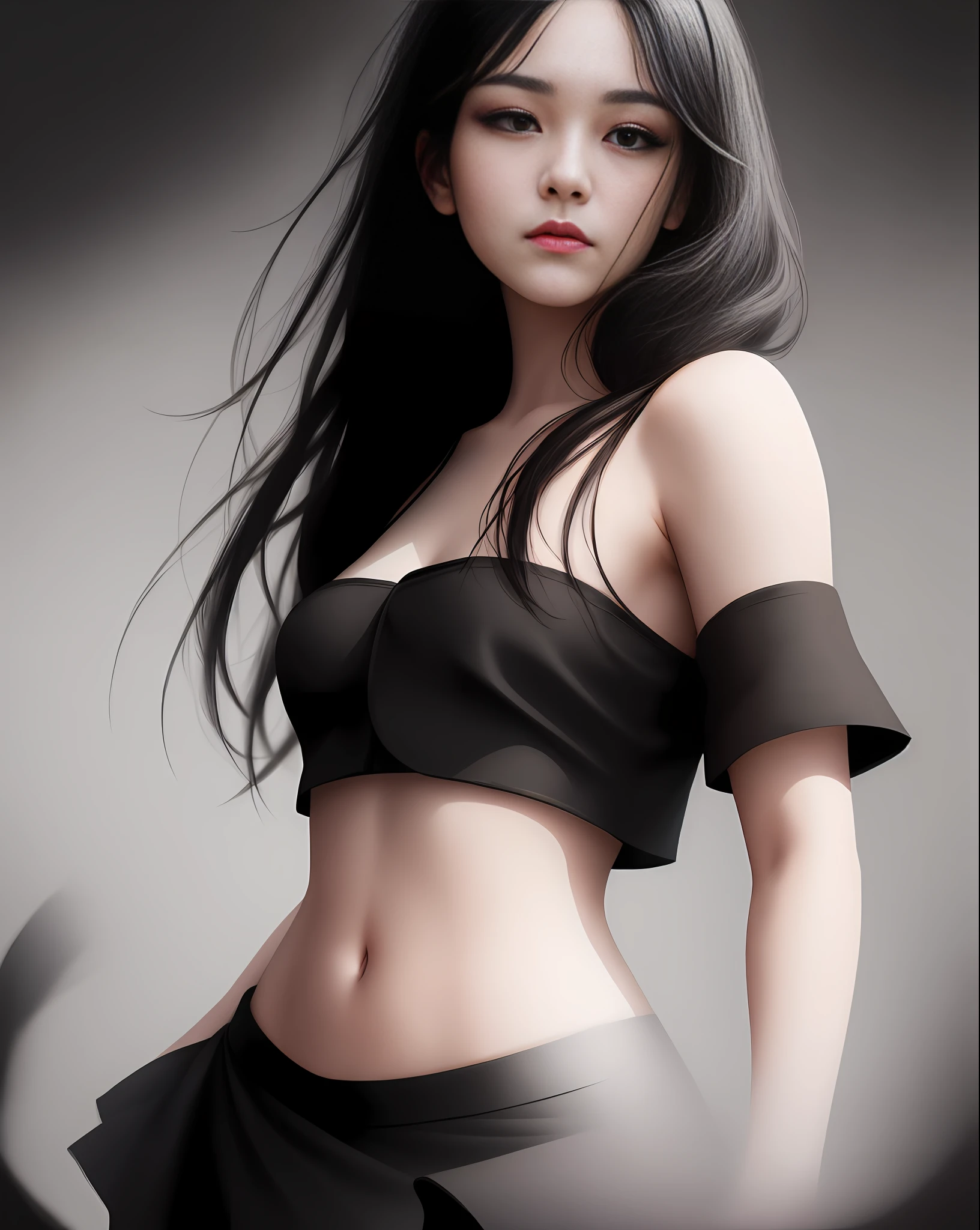5D style with well-defined strokes and shadows, a beautiful girl with a sad look, small face, she wears a thin black blouse with a short black skirt, she has long black hair softly flowing in the wind, and a large, round, well-defined bust , striking features, minimalist photo studio background, dark with the light only on the girl, she has red and innocent eyes, dark makeup, appears to be about 18 years old