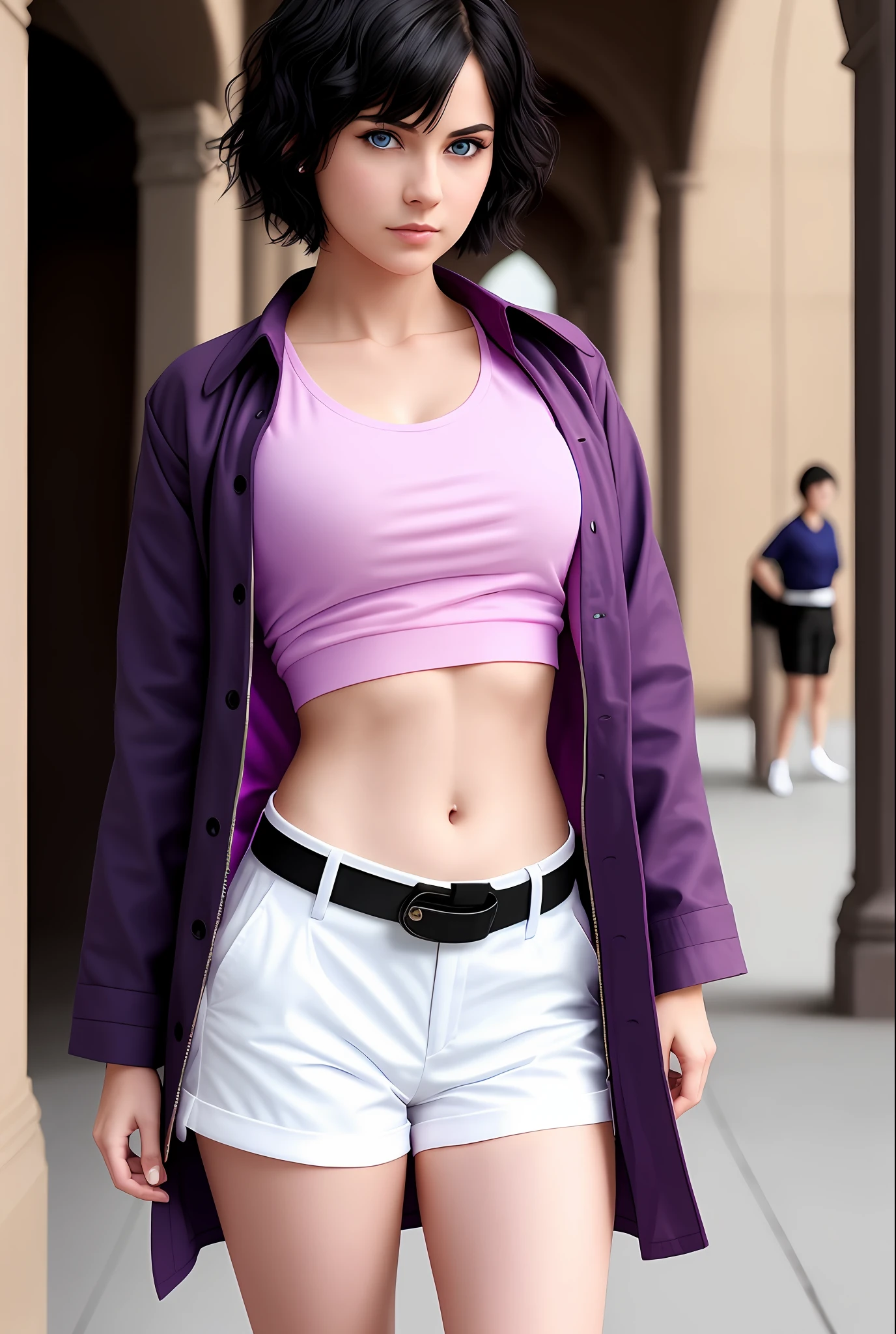 Young, short hair, black hair, blue eyes, super detailed, super realistic, 4k, pink shirt, purple coat, visible belly, beautiful woman, black shorts, white belt, white socks, brown shoes, epic pose, alone, visible arms, red bracelet