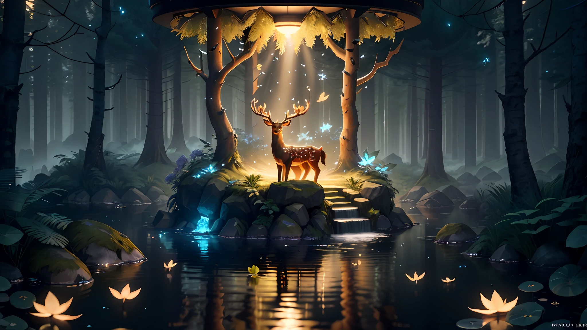 3D Render,realistic style,low poly style game design ,glow sprite, with a glowing deer, in a pool Drinking water, natural elements in the forest theme. Mysterious forest, beautiful forest, nature, surrounded by flowers, delicate leaves and branches surrounded by fireflies (natural elements), (jungle theme), (leaves), (twigs), (fireflies), (particle effects),Vray rendering,Art station, High quality, ultra-high definition details,concept design,cinematic light, very high definition, high details, 8k, hyper realistic, high detail,global illumination,realistic lighting,Unreal Engine rendering,Substance 3D, Octane rendering,