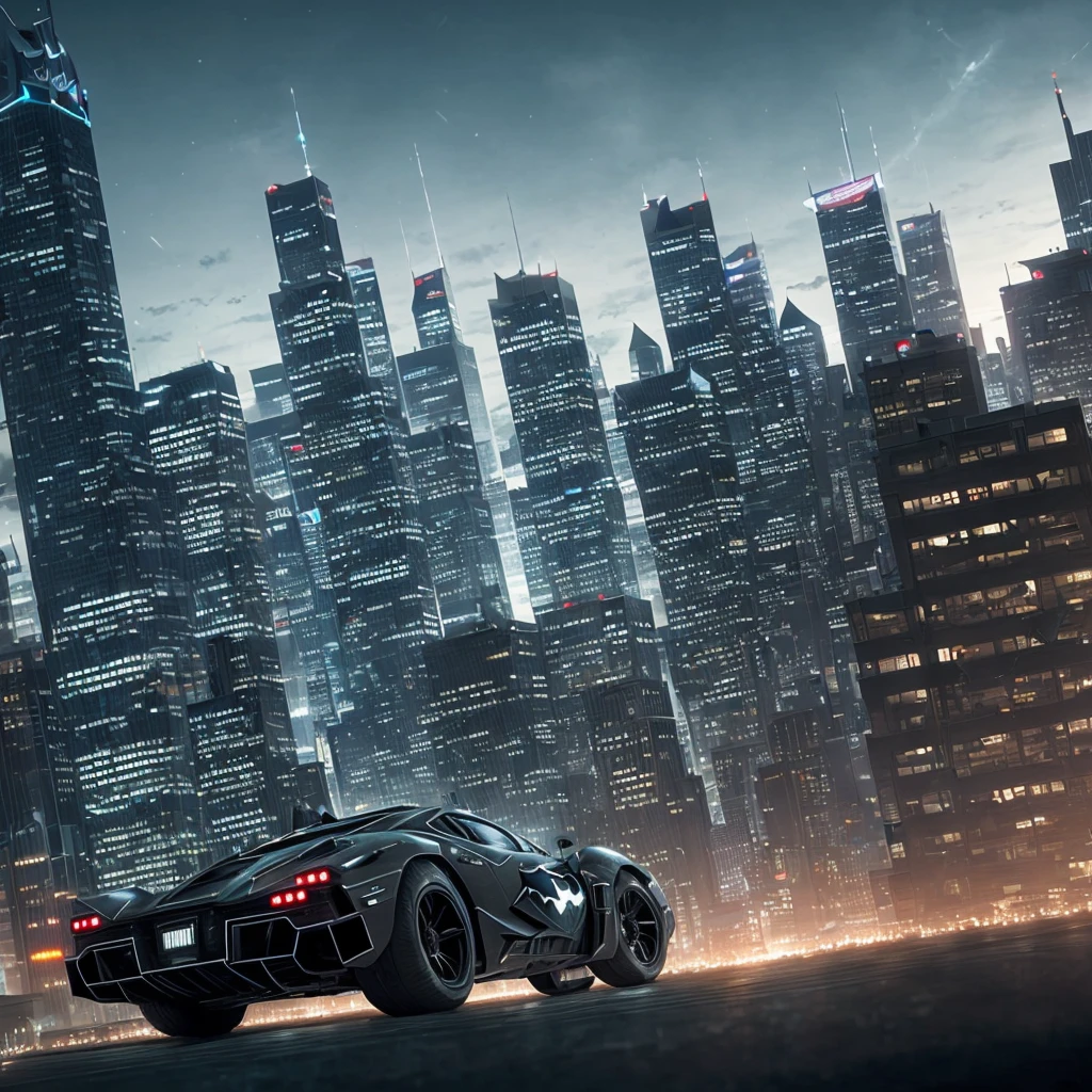 "With ultra-realistic visuals, draw Batman wearing a cybernetic suit, sitting atop the ultra-realistic Batmobile in a night city, with the tall buildings casting shadows on the ground." Complete body