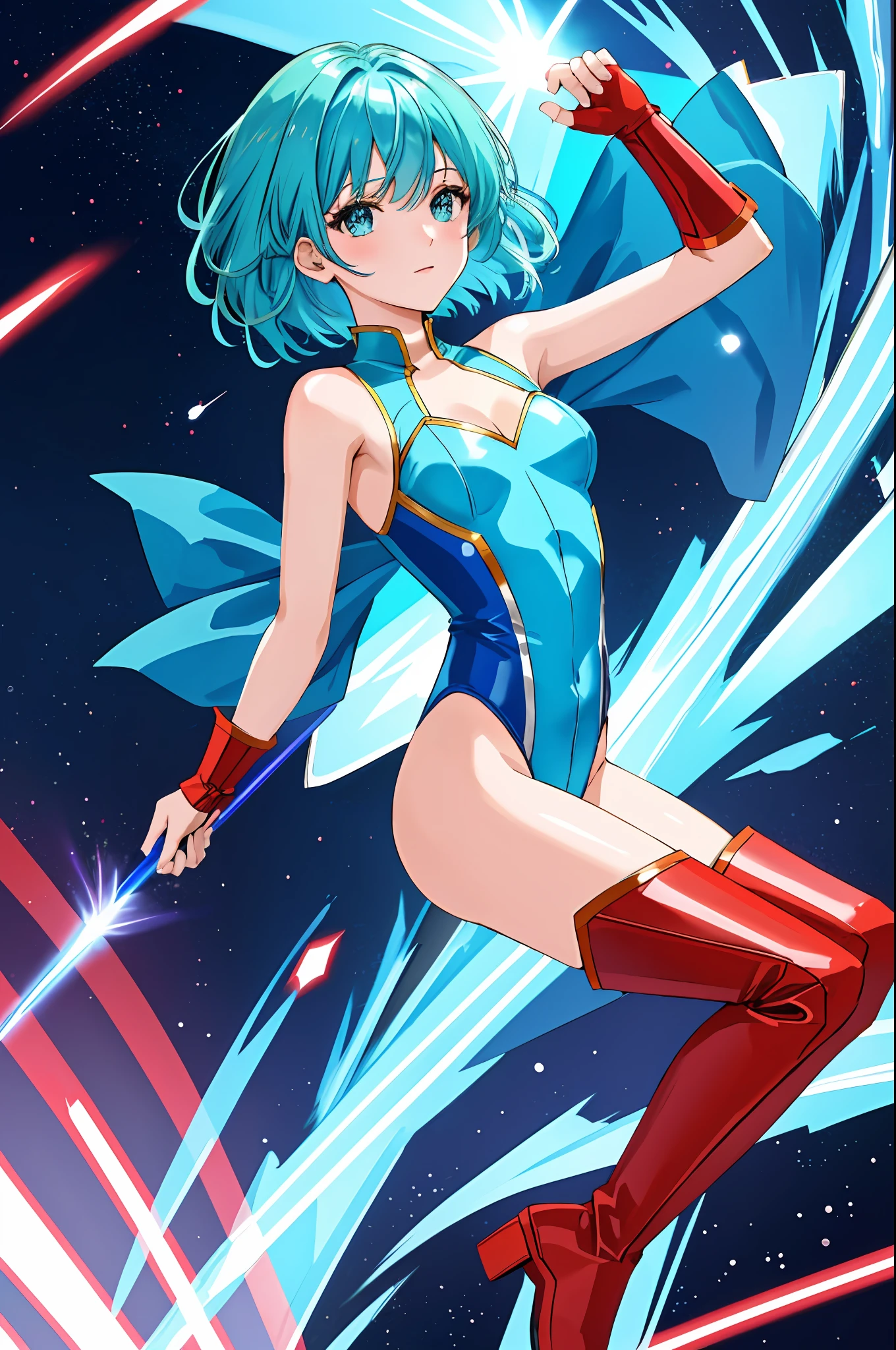 masterpiece, best quality, highres, 1girl, solo, superhero, red leotard, bare legs, red boots, matching boots, aura, blue aura, sleeveless, red gloves, bracelets, matching gloves, looking at viewer, light particles, city backdrop, perfect hands, perfect eyes, powering up, perfect leotard, perfect legs, perfect arms, perfect fingers, light blue and dark green leotard, green hair, aquamarine eyes, medium breasts, short hair, bob hair, blue skin, light sprinkles,