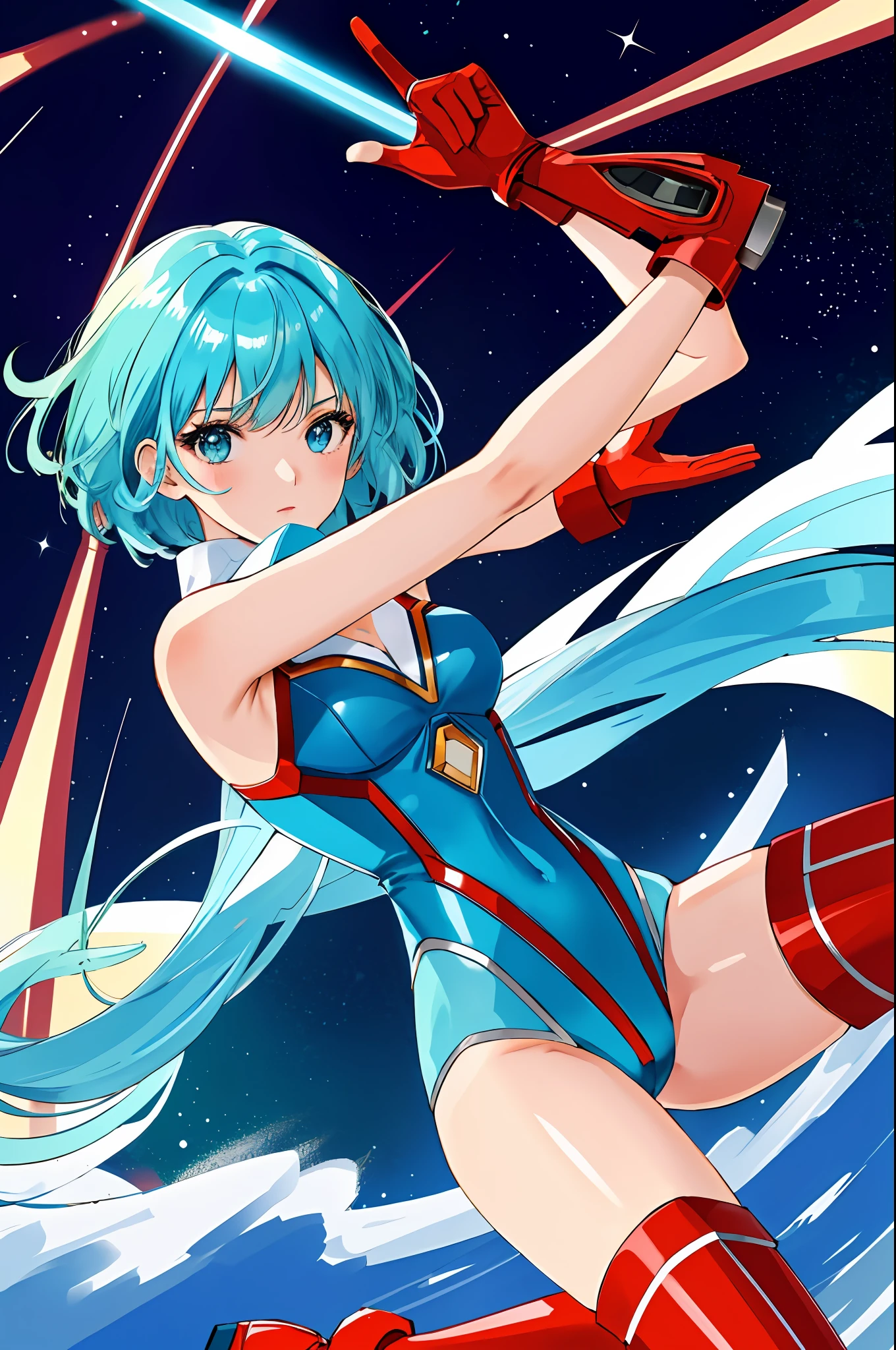 masterpiece, best quality, highres, 1girl, solo, superhero, red leotard, bare legs, red boots, matching boots, aura, blue aura, sleeveless, red gloves, bracelets, matching gloves, looking at viewer, light particles, city backdrop, perfect hands, perfect eyes, powering up, perfect leotard, perfect legs, perfect arms, perfect fingers, light blue and dark green leotard, green hair, aquamarine eyes, medium breasts, short hair, bob hair, blue skin, light sprinkles,