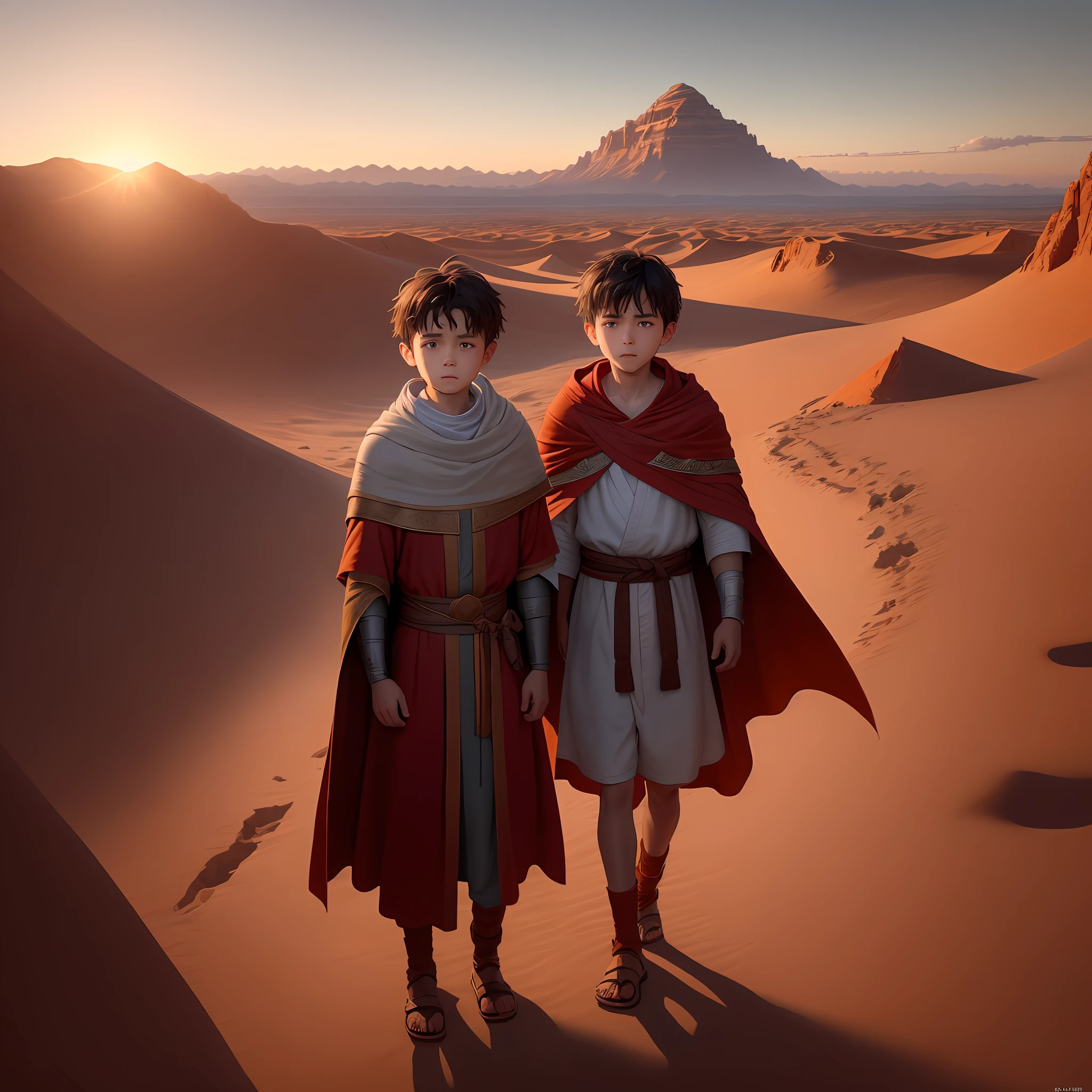 In the image, we can realistically see an ancient scenario, dating back to the time of Moses. A boy of approximately 6 is at the center of the scene, wearing a bright red robe. He is depicted standing with his hands on his hips and a curious, determined look on his youthful face. The red robe stands out against the surrounding desert environment as the sun sets in the background, painting the sky in golden and orange hues. On the horizon, we see the majestic and imposing mountains that seem to surround the place with a mystical aura. The boy appears to be at a crossroads, symbolizing the decision and destiny that await him as he prepares to walk the path of his future. His expression reveals a mixture of innocence and courage, a hint of the important role he will play in this epic narrative.(cinematic) (in 4k)