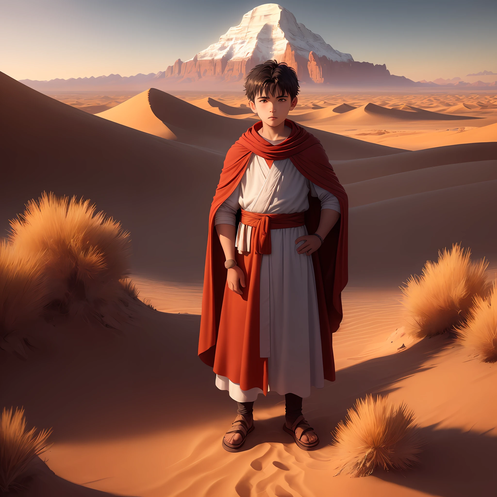 In the image, we can realistically see an ancient scenario, dating back to the time of Moses. A boy of approximately 6 is at the center of the scene, wearing a bright red robe. He is depicted standing with his hands on his hips and a curious, determined look on his youthful face. The red robe stands out against the surrounding desert environment as the sun sets in the background, painting the sky in golden and orange hues. On the horizon, we see the majestic and imposing mountains that seem to surround the place with a mystical aura. The boy appears to be at a crossroads, symbolizing the decision and destiny that await him as he prepares to walk the path of his future. His expression reveals a mixture of innocence and courage, a hint of the important role he will play in this epic narrative.(cinematic) (in 4k)
