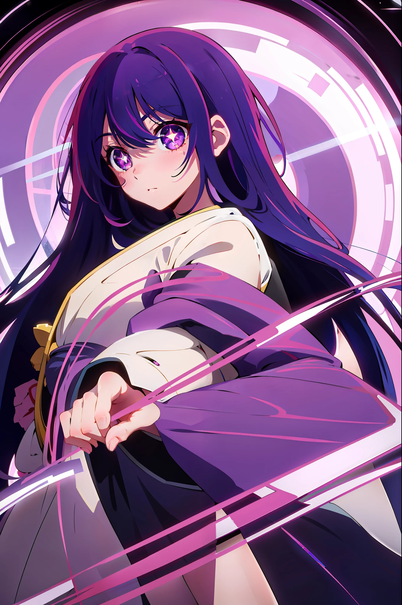 Anime girl with long purple hair holding a sword in front of a circular ...