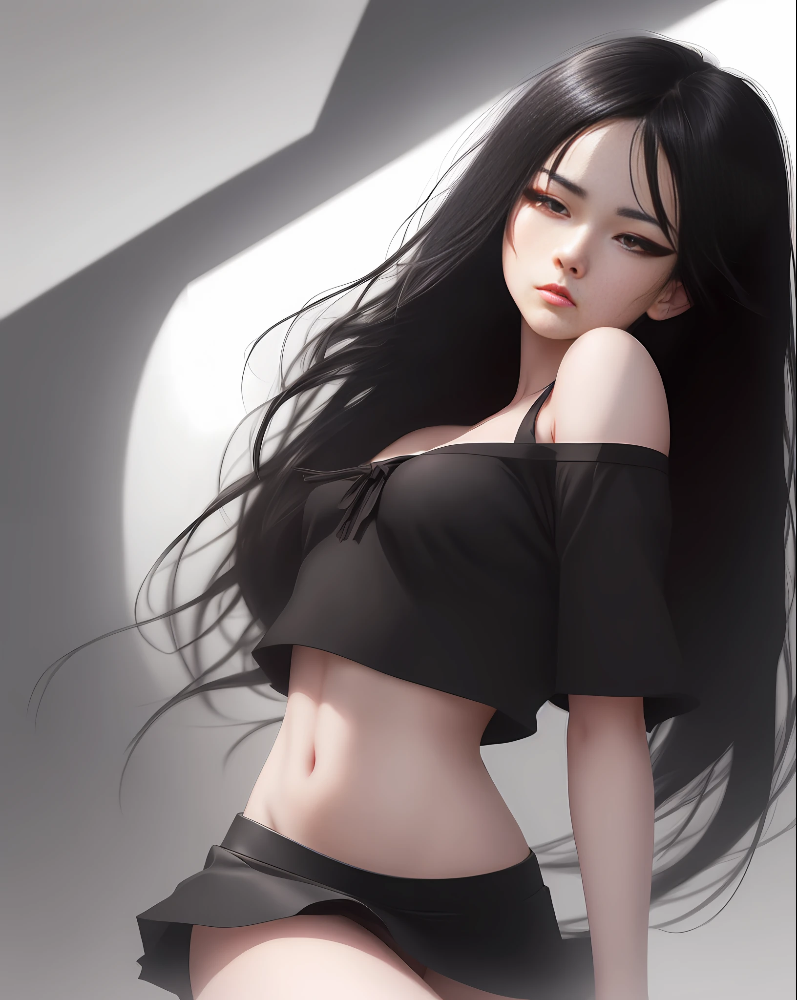 Anime style, large pointed breasts, well-defined features and shadows, a beautiful girl with a sad look, small face, she wears a thin black blouse with a short black skirt, she has long black hair flowing smoothly in the wind, well defined, striking features, minimalist photography studio background, dark with light only on the girl,   She has innocent red eyes, dark makeup, looks to be about 18 years old