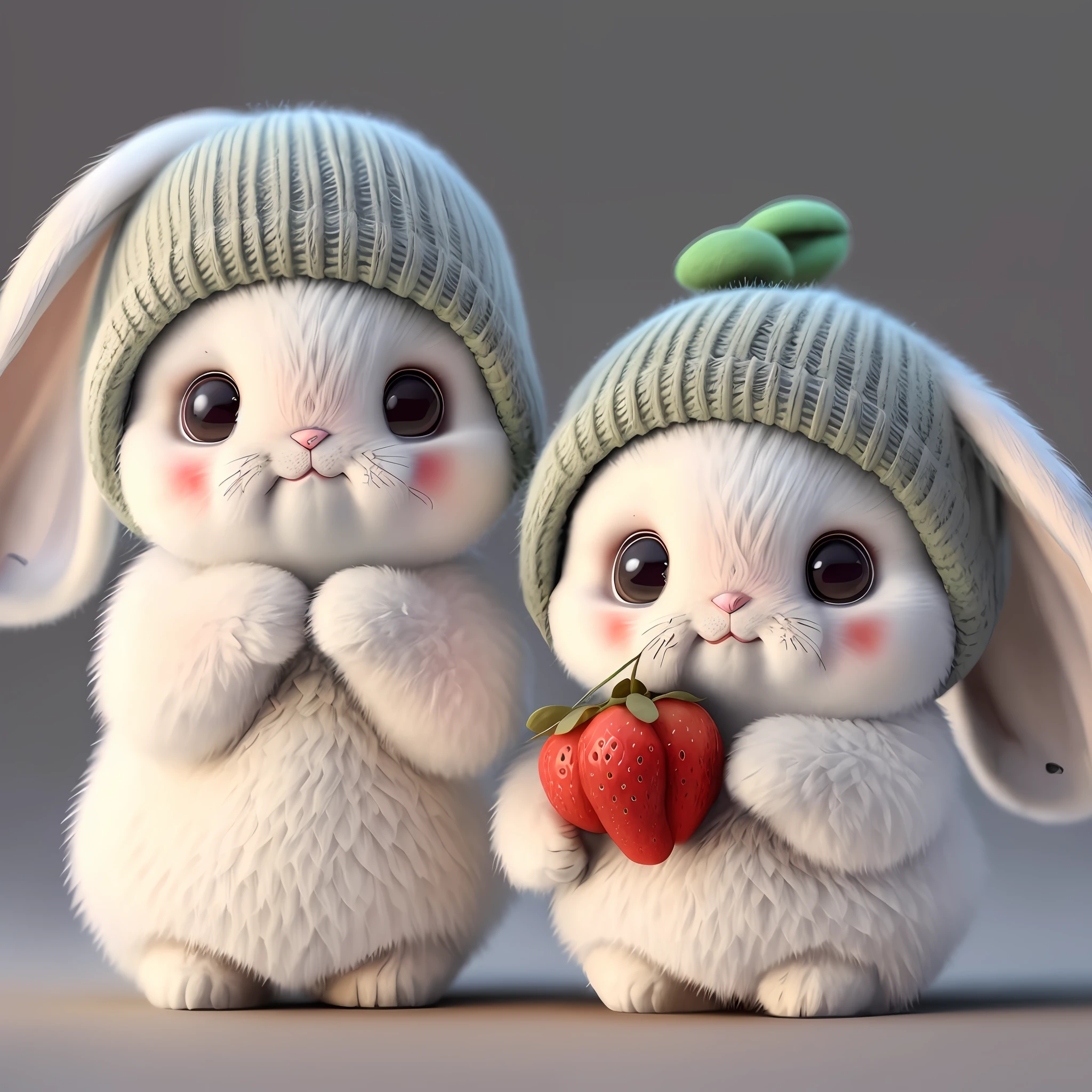 : 3. bunny, realistic, furry animal, apple, black eye, blush, cherry, food, fruit, full body, hat, non-human, strawberry, tomato, watermelon