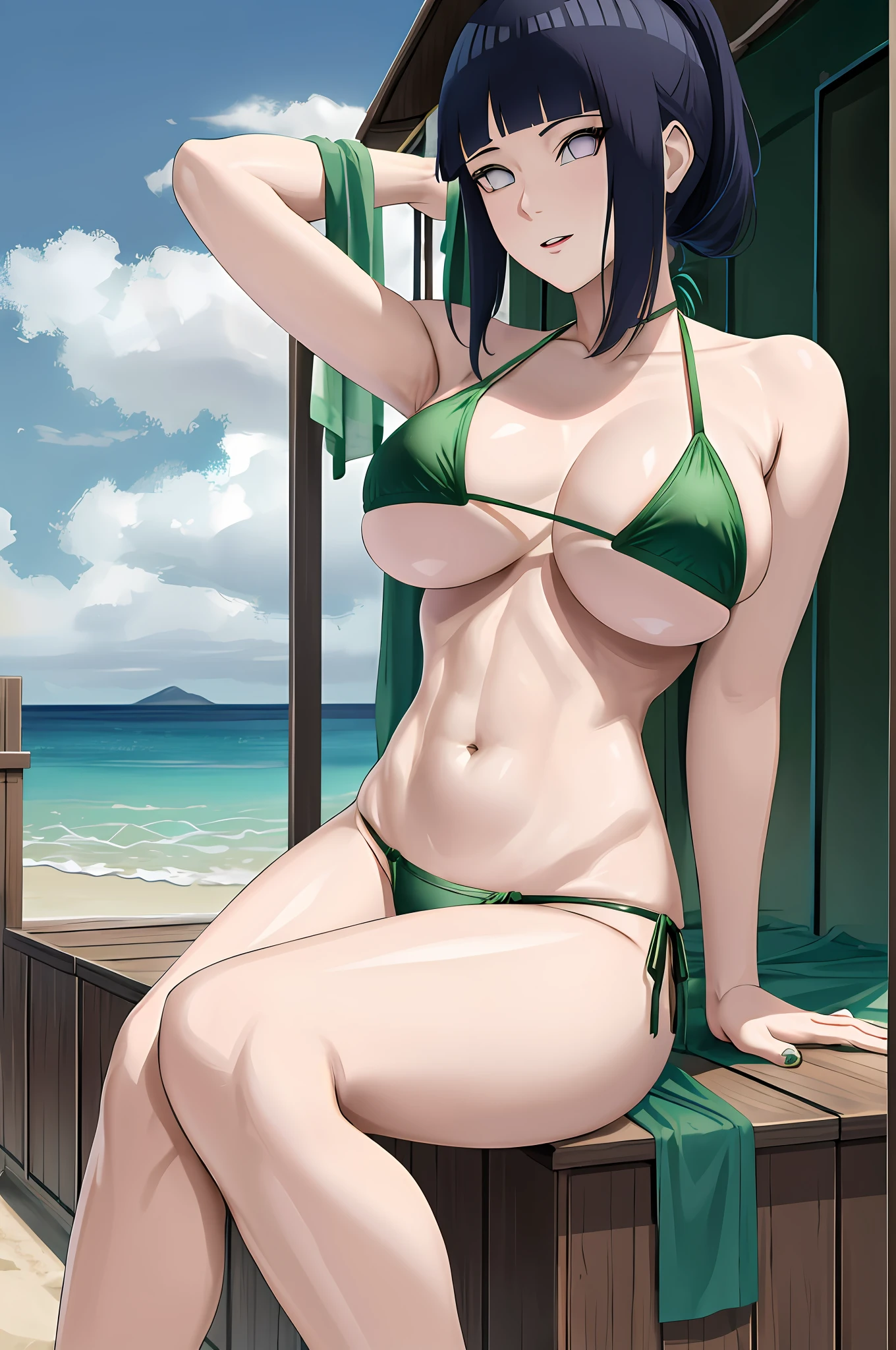 best quality, highres, 1girl, solo, green hair, breasts, folded ponytail, purple eyes, tao jun, large breasts, micro bikini, outdoors, cowboy shot,