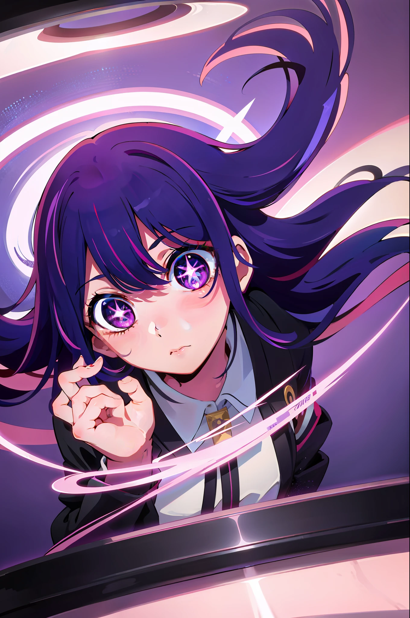 1girl, solo, Hoshino Ai, symbol-shaped pupils, star-shaped pupils, purple eyes, sparkling eyes, star in eye, symbol in eye, purple hair, long hair, kimono (masterpiece:1.2), highres, best quality, 8k, very clear,
