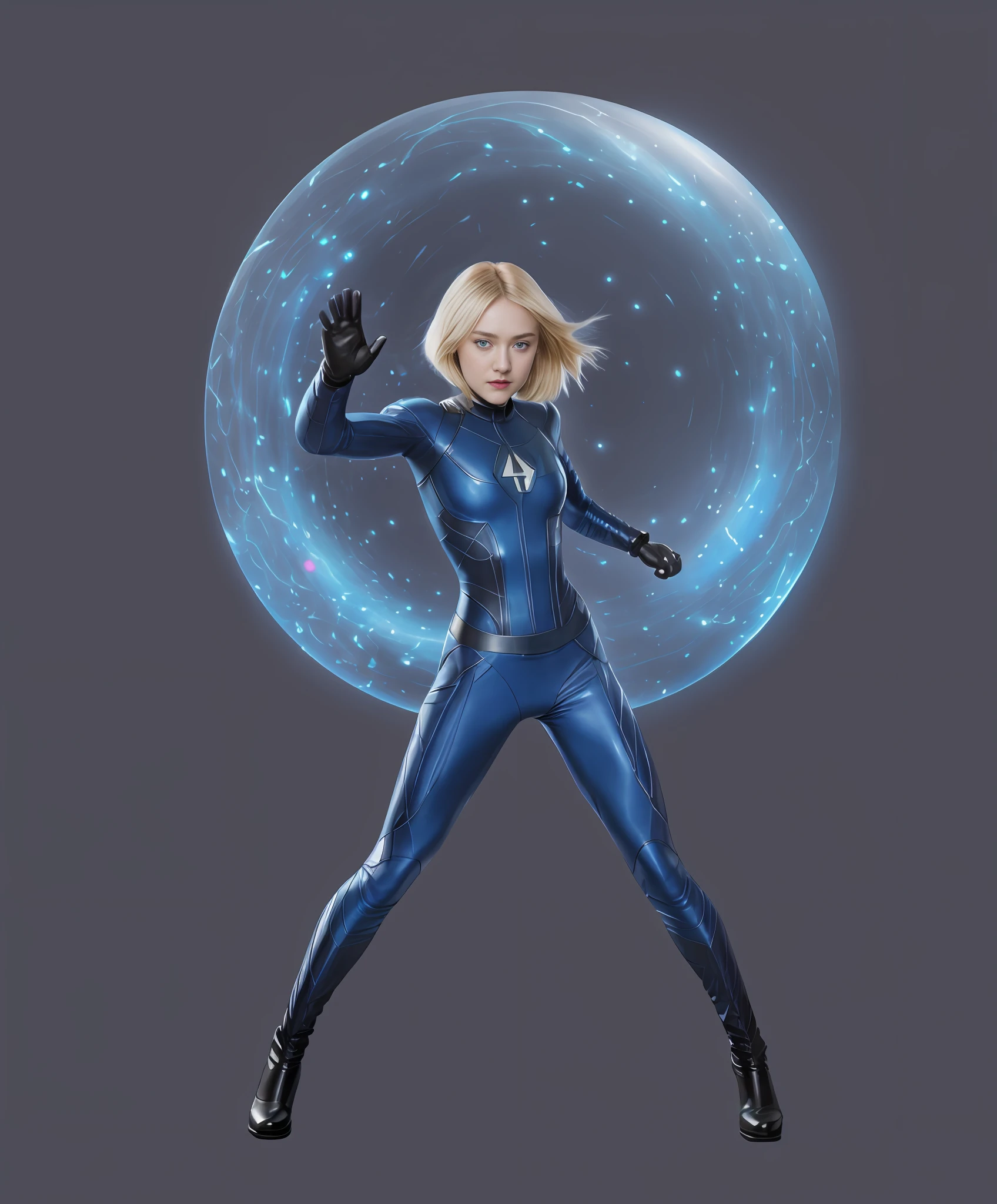 Dakota Fanning, invisible woman, blonde hair, blue leather suit, long hair, muscular body, fantastic four, hands with power.