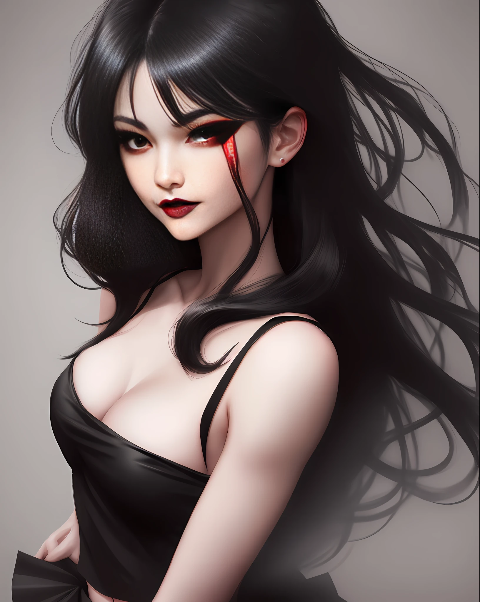 2D anime style, big pointed breasts, red makeup, black lipstick, perverted smile, perverted look, blood down the face and body, bloodthirsty, well-defined features and shadows, a beautiful girl with a sad look, small face, she wears a thin black blouse with a short black skirt, she has long black hair flowing smoothly in the wind, well defined, striking features, minimalist photography studio background, dark with light only on girl, She has red and innocent eyes, dark makeup, looks to be about 18 years old