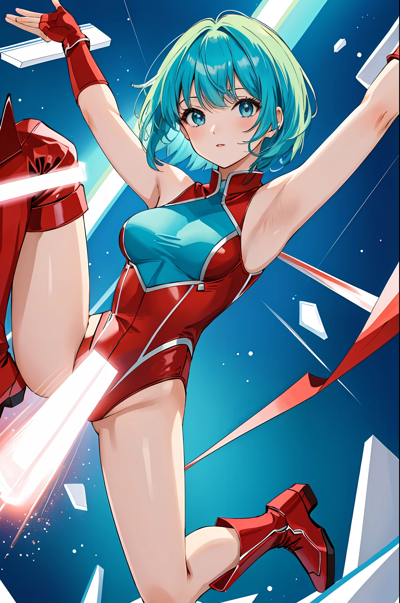masterpiece, best quality, highres, 1girl, solo, superhero, red leotard, bare legs, red boots, matching boots, aura, blue aura, sleeveless, red gloves, bracelets, matching gloves, looking at viewer, light particles, city backdrop, perfect hands, perfect eyes, powering up, perfect leotard, perfect legs, perfect arms, perfect fingers, light blue and dark green leotard, green hair, aquamarine eyes, medium breasts, short hair, bob hair, blue skin, light sprinkles,