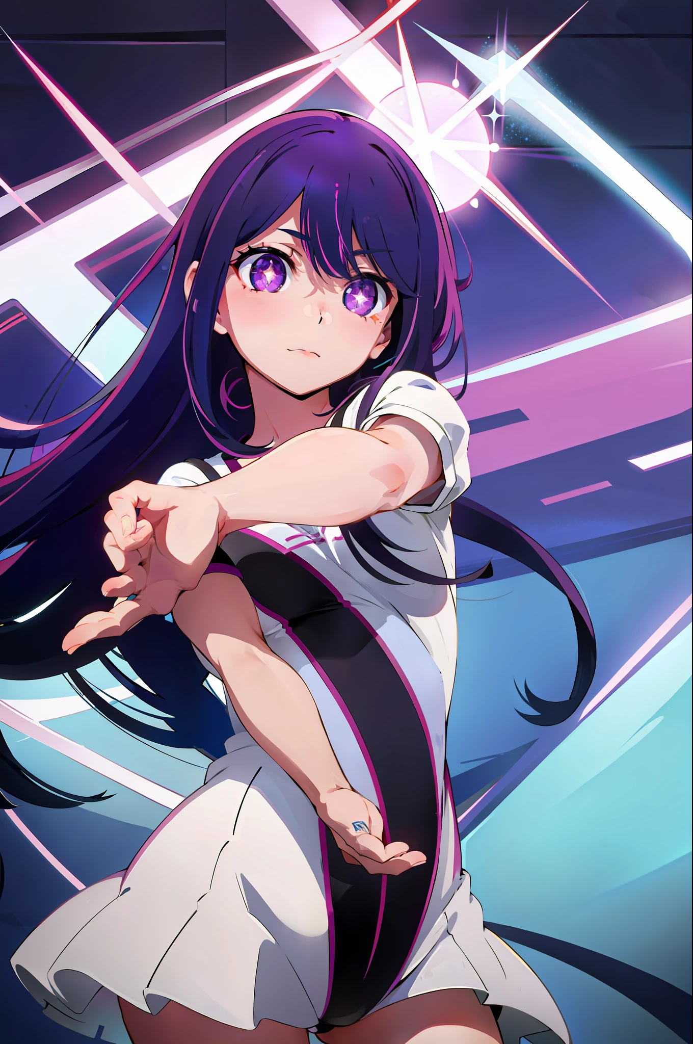 1girl, solo, Hoshino Ai, symbol-shaped pupils, star-shaped pupils, purple eyes, sparkling eyes, star in eye, symbol in eye, purple hair, long hair, swimsuit (masterpiece:1.2), highres, best quality, 8k, very clear,