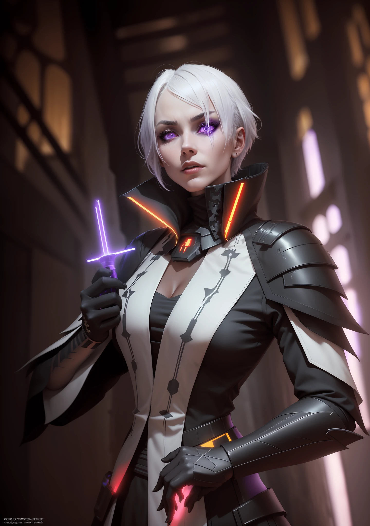 masterpiece, high quality, sharp focus, upper body portrait of a female sith inquisitor, short white hair, black imperial outfit, admiral armor, glowing yellow sith eyes, star wars, perfect jawline, textured skin, beautiful lips, purple lighting, sci-fi scene, evil atmosphere, evil vibe, 8k, uhd, absurdres