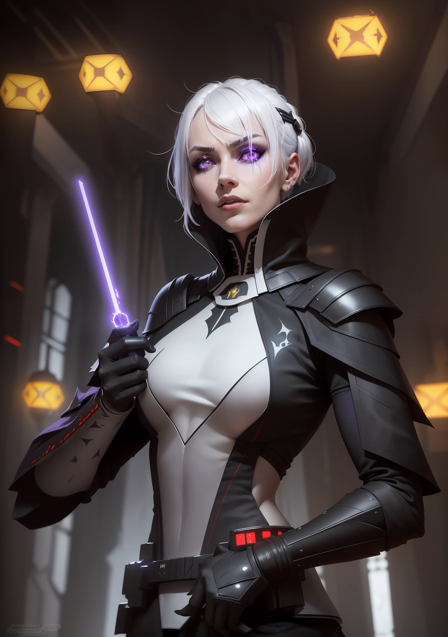 masterpiece, high quality, sharp focus, upper body portrait of a female sith inquisitor, short white hair, black imperial outfit, admiral armor, glowing yellow sith eyes, star wars, perfect jawline, textured skin, beautiful lips, purple lighting, sci-fi scene, evil atmosphere, evil vibe, 8k, uhd, absurdres