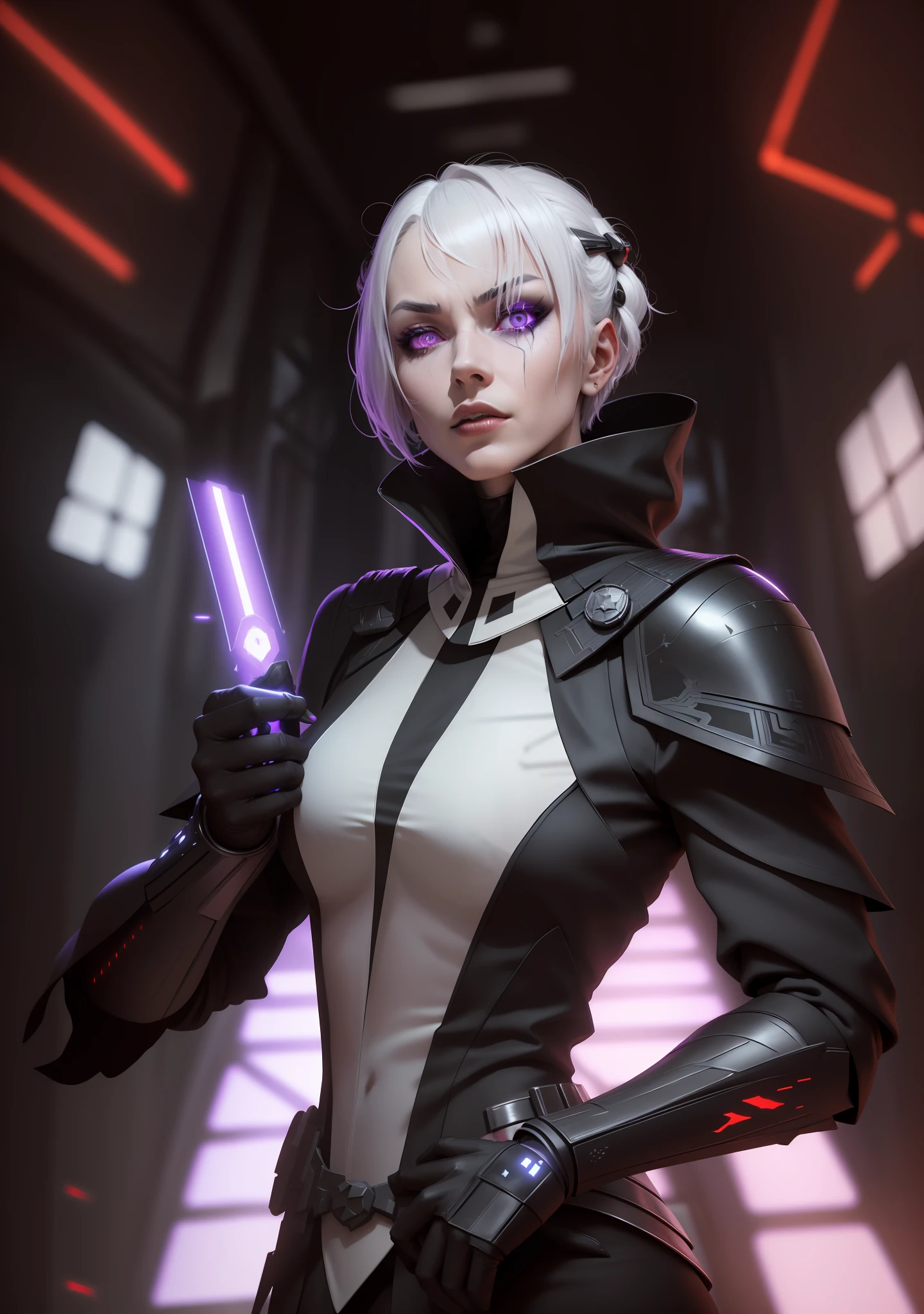 masterpiece, high quality, sharp focus, upper body portrait of a female sith inquisitor, short white hair, black imperial outfit, admiral armor, glowing yellow sith eyes, star wars, perfect jawline, textured skin, beautiful lips, purple lighting, sci-fi scene, evil atmosphere, evil vibe, 8k, uhd, absurdres