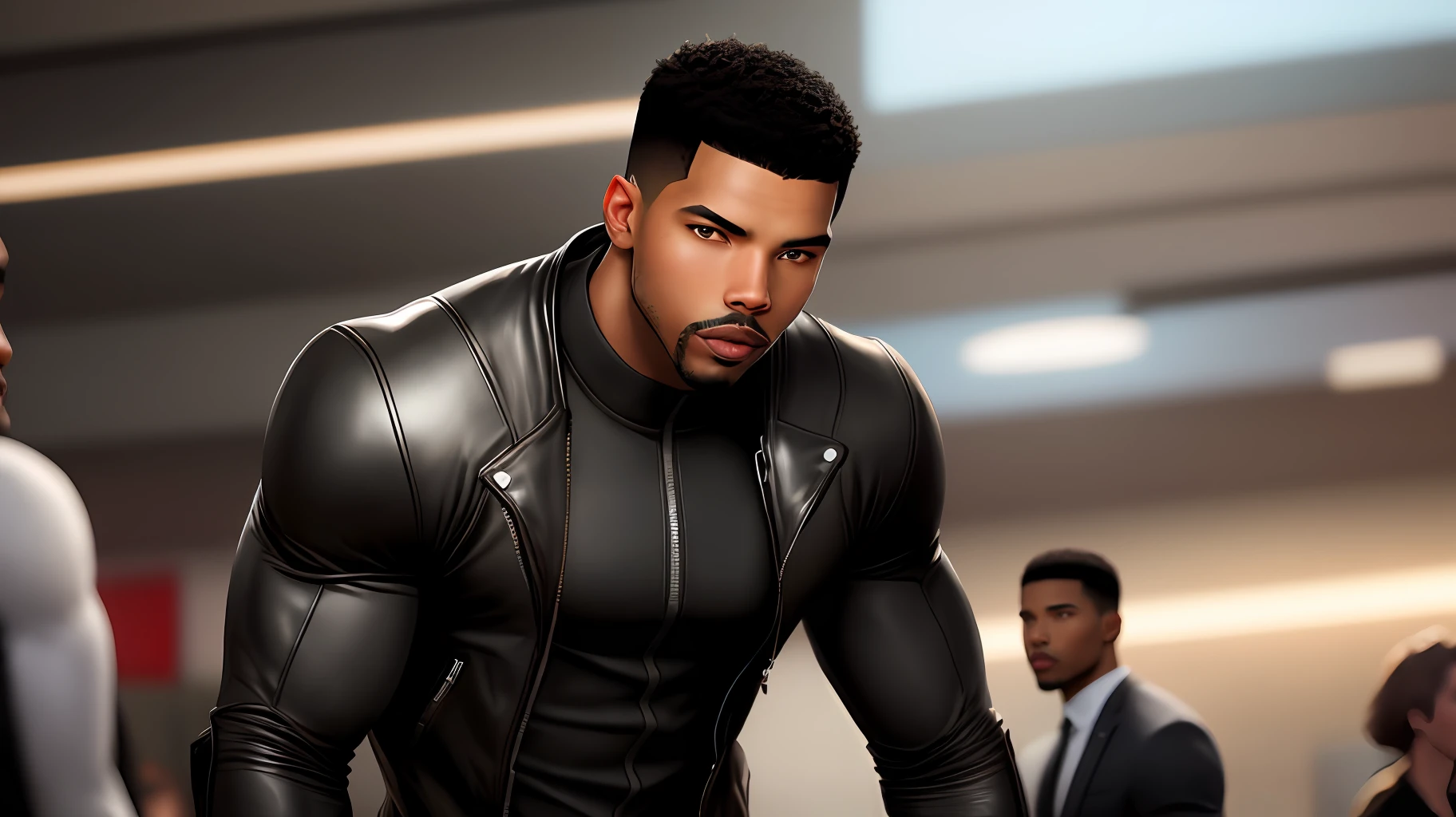 Realistic black man, with the appearance of Taylor Lautner and the style of Michael B Jordan