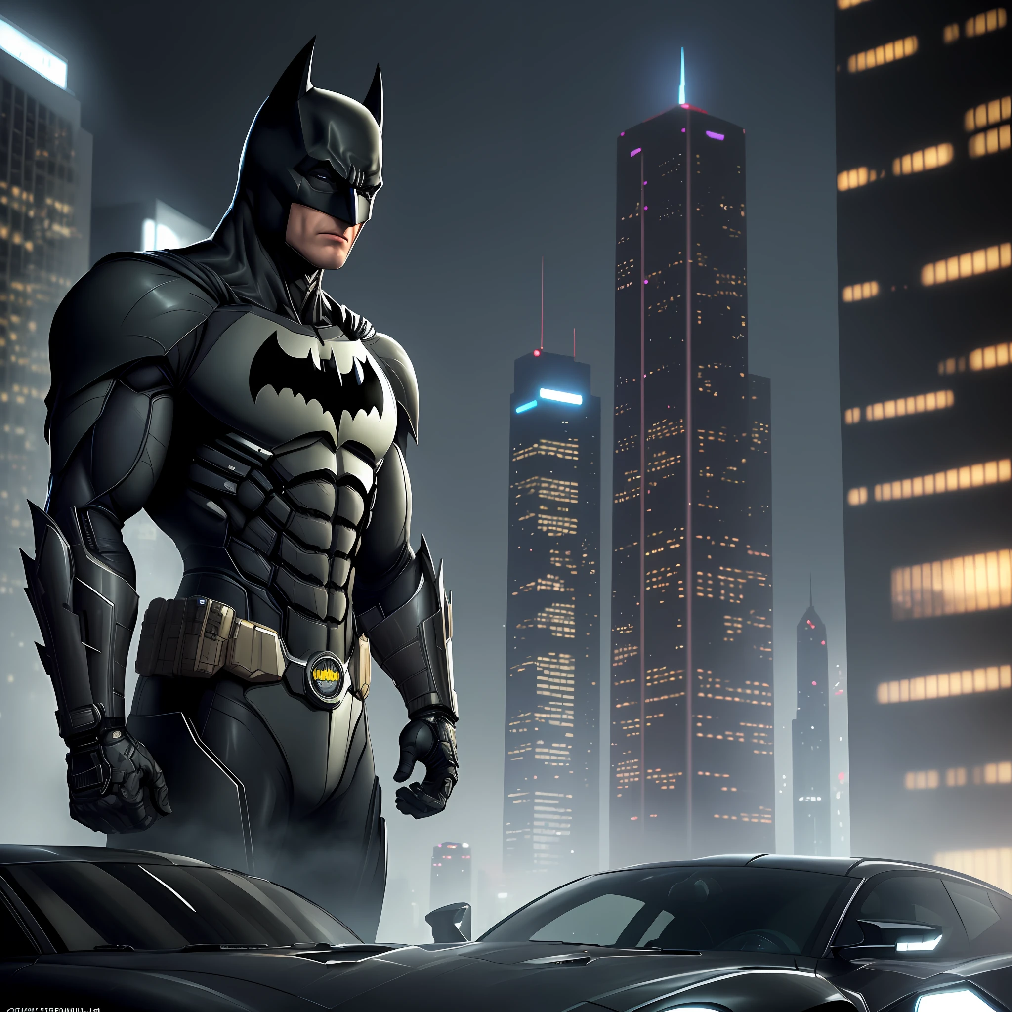 The image shows Batman prominently in a detailed cybernetic suit. It is positioned next to the Batmobile, which is also described in detail. The Batmobile is a futuristic vehicle with streamlined lines and a technological appearance. Batman is standing next to the vehicle, with a confident and determined posture.
The scene takes place in a night town, with towering skyscrapers in the background. The city lights create a dark and mysterious atmosphere. The sky is starry, and a thin mist covers the room, adding a touch of suspense.