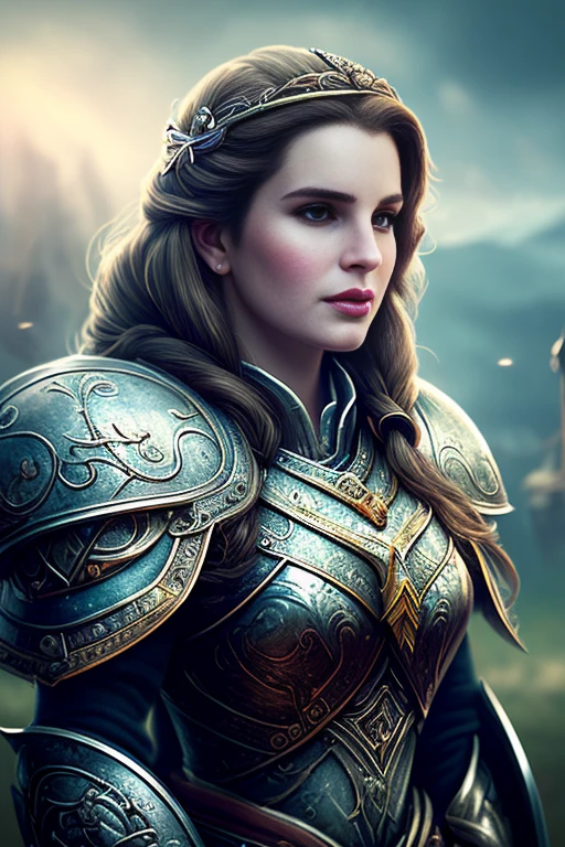 Highest quality, (dramatic lighting: 0.7), masterpiece, high angle shot, RAW photo (big breasts, 40-year-old lana del rey as a Viking Princess, (detailed) wearing a battle suit, shield and sword, face close up, centered on face, looking up at viewer), cute, (in tattered dress, disheveled, messy long hair) (night:1.2), standing outside, full lit background (Dirty: 0.8), (Gore: 0.7), Accent Lighting, (Backlight: 0.5), Perspective, Canon 5D, 50mm Lens, F/4 Aperture, (Super Detail, Intricate Detail), Sharp Focus, Soft Colors, 8k, ludicrous, 8mm film grain, photography