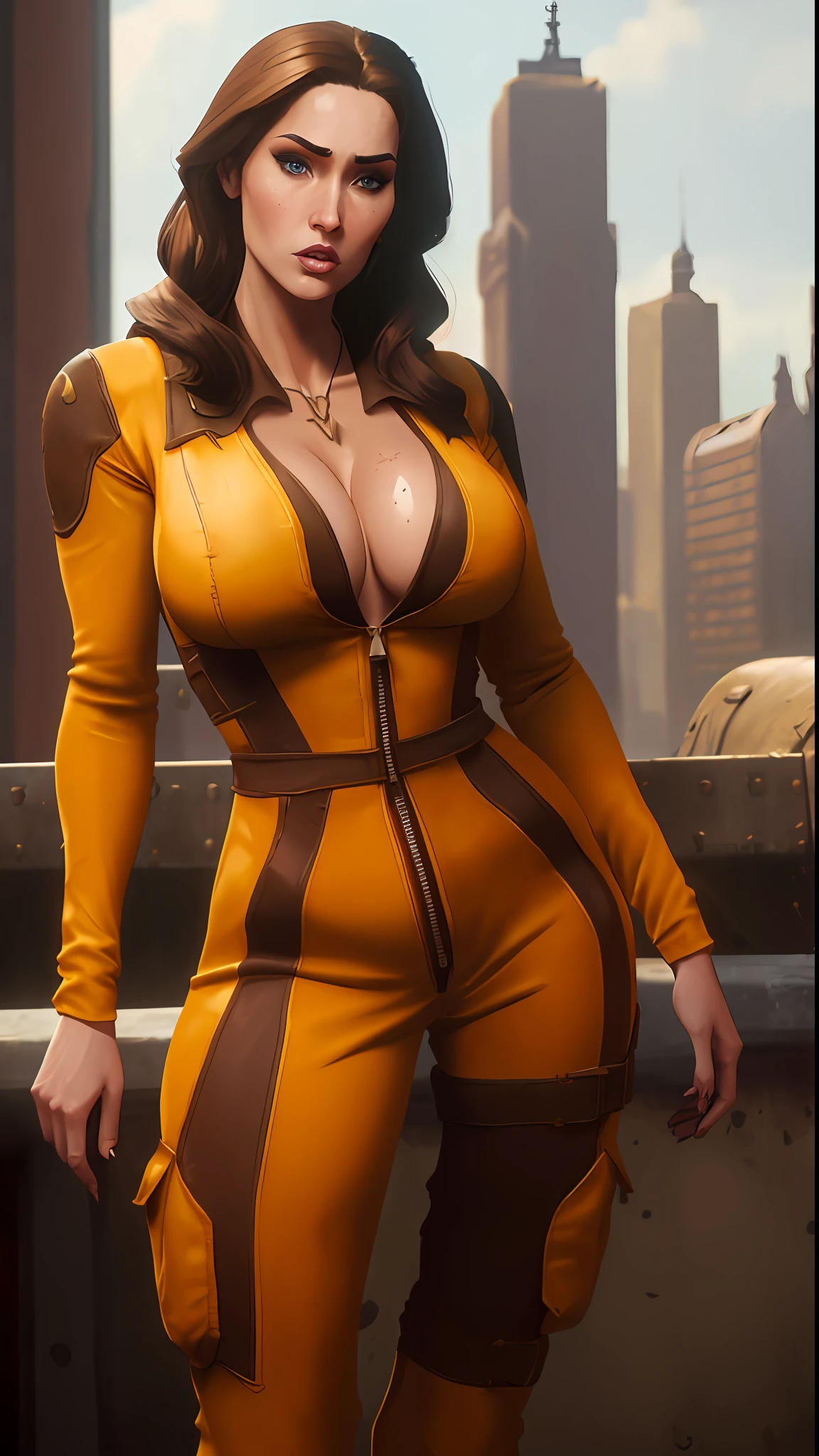 arcane style, MeganFoxdoguV2 with higeBteasts_v2 in yellow jumpsuit, unzipped, massive 34DDs, thirst-trap, city background, cleavage, makeup, brown straight hair, movie poster, provocative pose, seductive expression, looking at camera
