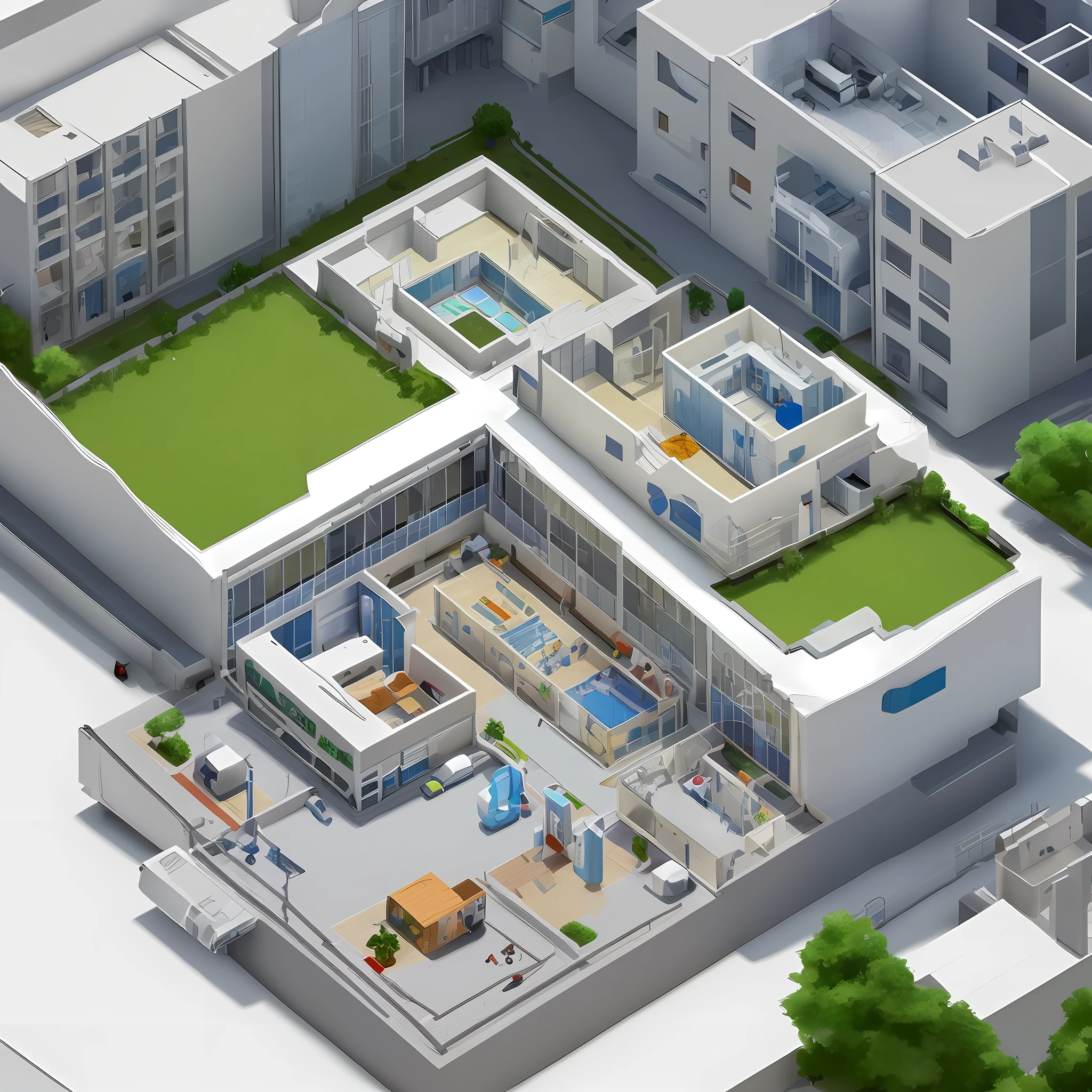 Hospital, miniature scene, simulation management game, orthogonal perspective, isometric view, realistic style