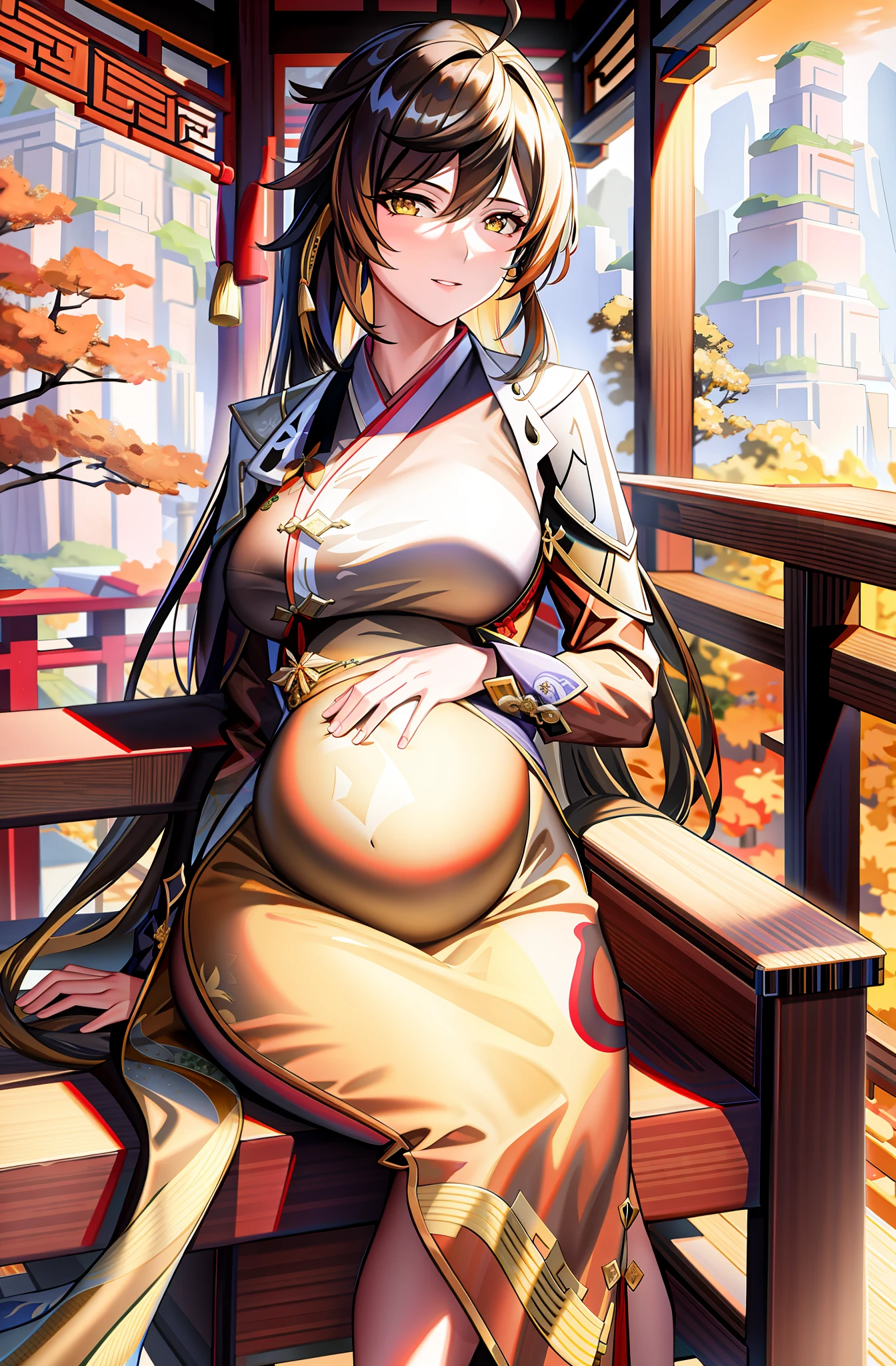 (extremely detailed background) (best quality), (highest quality), (masterpiece), 1girl, solo , zhongli\(genshin impact\), long hair, amber eyes, beautifully detailed eyes, mature, dark brown hair, calm face, looking at the viewer, medium breasts, side bangs, very long loose kimono , well detailed brown kimono , traditional Chinese kimono , kimono, extremely detailed gown, golden patterns, gorgeous, elegant, luxurious, jowelery, pregnant, pregnant belly, extremely detailed belt, long sleeves, loose wide long sleeves, sitting, sitting on a chair , hands on belly , outdoor, sitting on a chair on a chinese garden , chinese palace behind her, mountains, yellow trees, yellow leafs,rocks, mature old lady, long loose gown, well detailed dark coat above shoulders