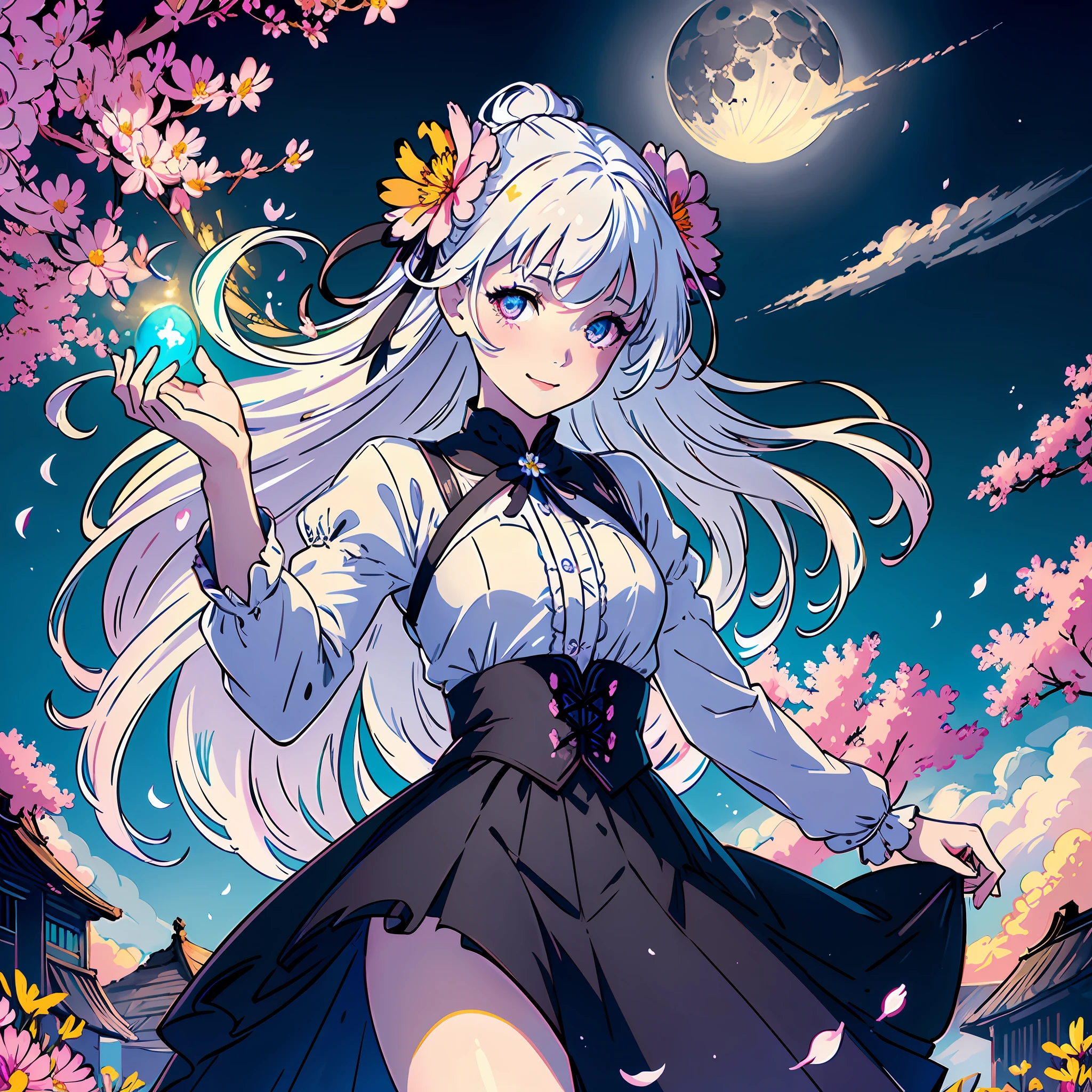 masterpiece, best quality, 1girl, (colorful),(finely detailed beautiful eyes and detailed face),cinematic lighting,bust shot,extremely detailed CG unity 8k wallpaper,white hair,solo,smile,intricate skirt,((flying petal)),(Flowery meadow) sky, cloudy_sky, building, moonlight, moon, night, (dark theme:1.3), light, fantasy,