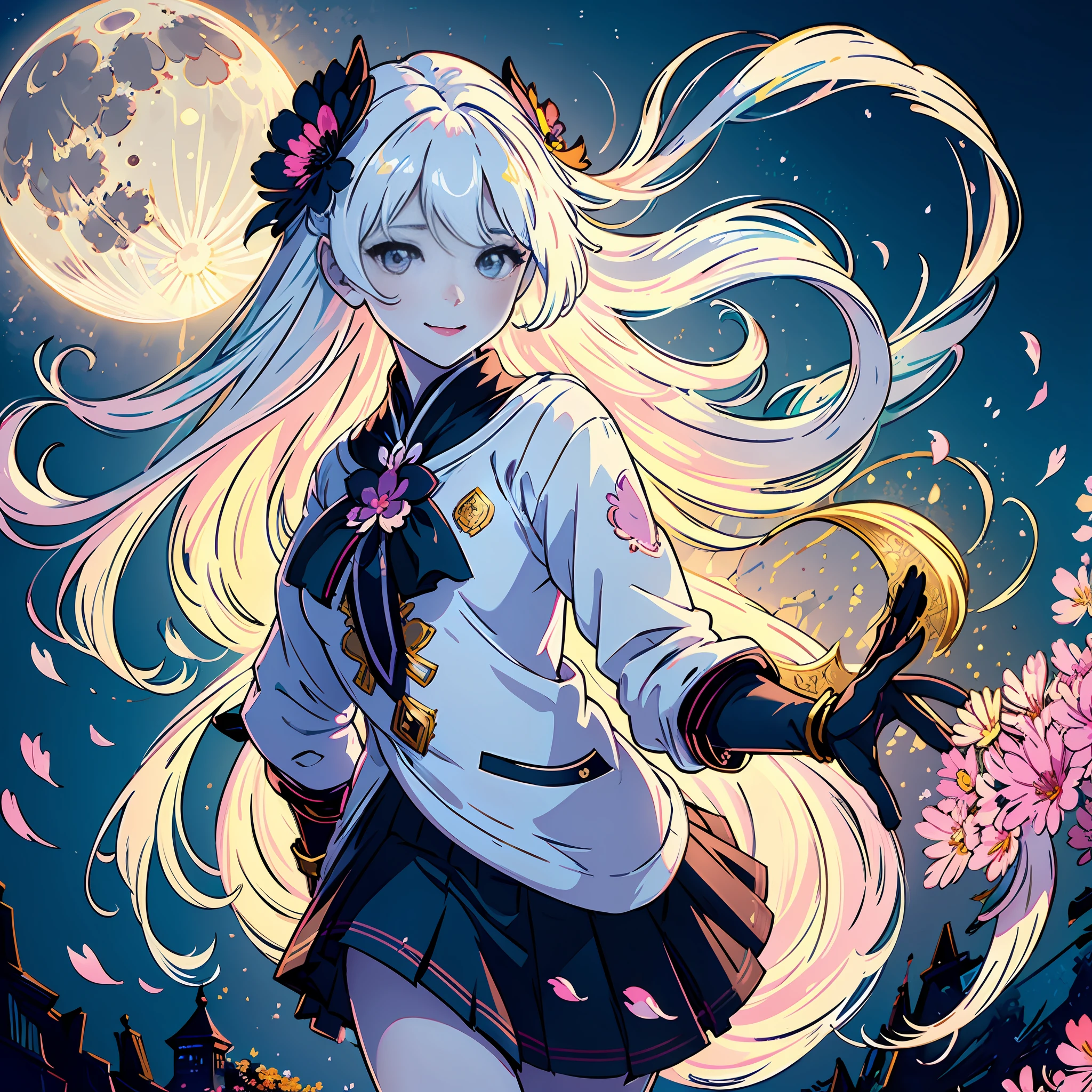 masterpiece, best quality, 1girl, (colorful),(finely detailed beautiful eyes and detailed face),cinematic lighting,bust shot,extremely detailed CG unity 8k wallpaper,white hair,solo,smile,intricate skirt,((flying petal)),(Flowery meadow) sky, cloudy_sky, building, moonlight, moon, night, (dark theme:1.3), light, fantasy,