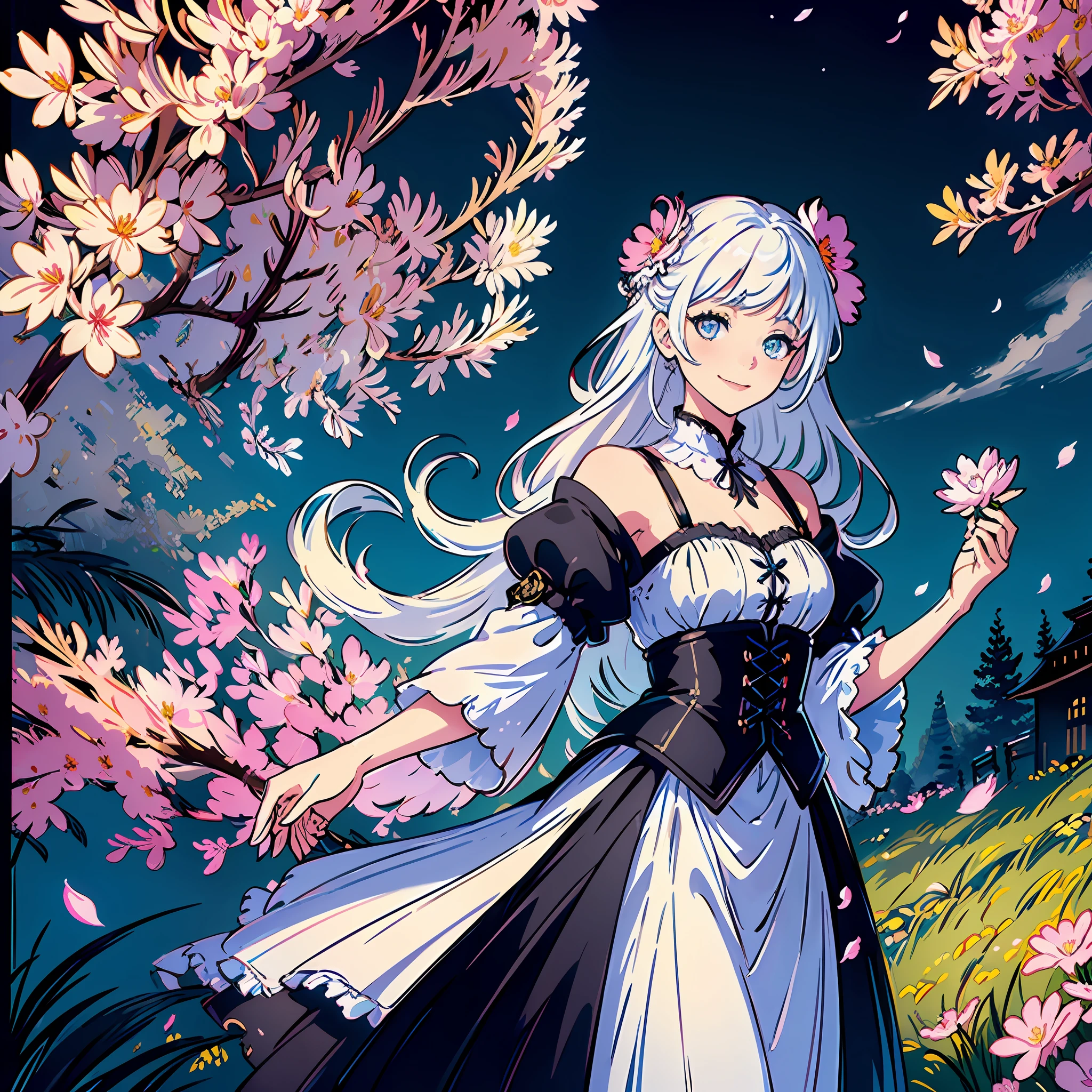 masterpiece, best quality, 1girl, (colorful),(finely detailed beautiful eyes and detailed face),cinematic lighting,bust shot,extremely detailed CG unity 8k wallpaper,white hair,solo,smile,intricate skirt,((flying petal)),(Flowery meadow) sky, cloudy_sky, building, moonlight, moon, night, (dark theme:1.3), light, fantasy,