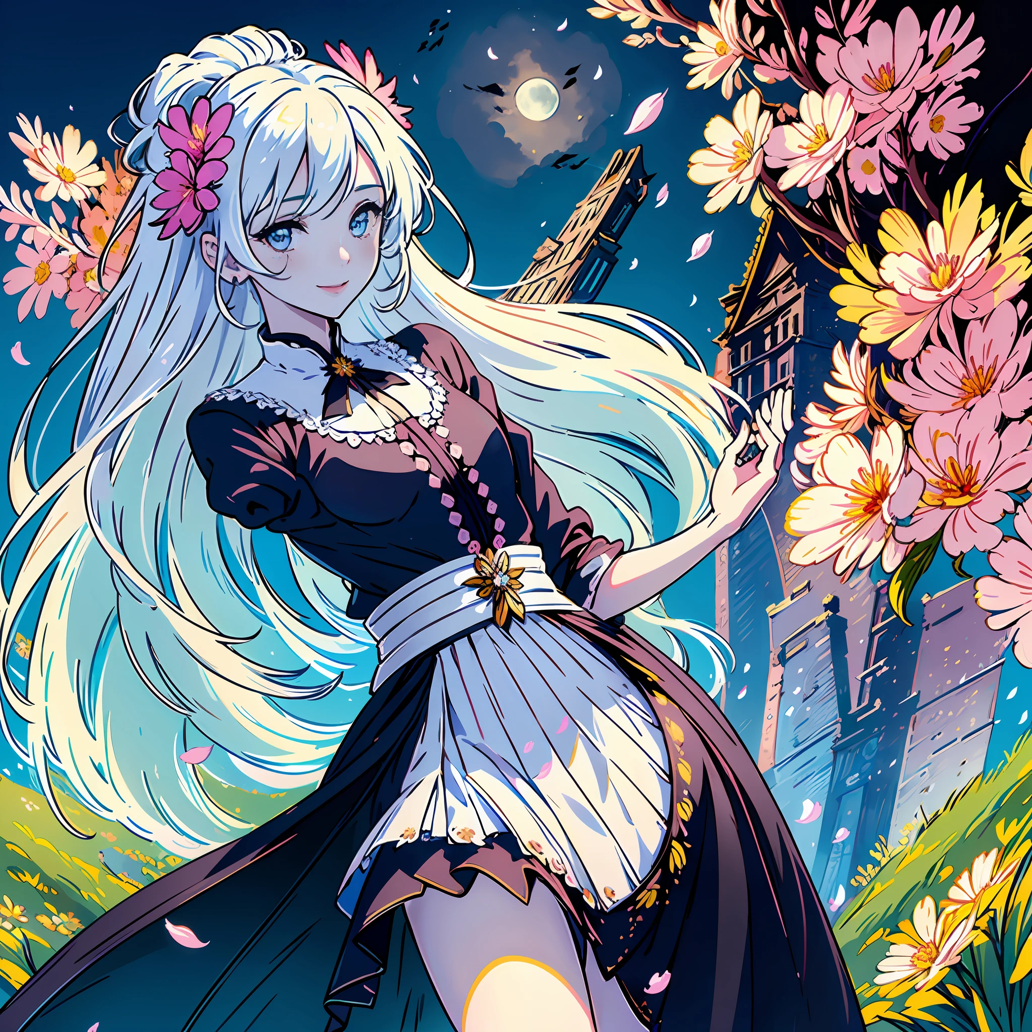 masterpiece, best quality, 1girl, (colorful),(finely detailed beautiful eyes and detailed face),cinematic lighting,bust shot,extremely detailed CG unity 8k wallpaper,white hair,solo,smile,intricate skirt,((flying petal)),(Flowery meadow) sky, cloudy_sky, building, moonlight, moon, night, (dark theme:1.3), light, fantasy,