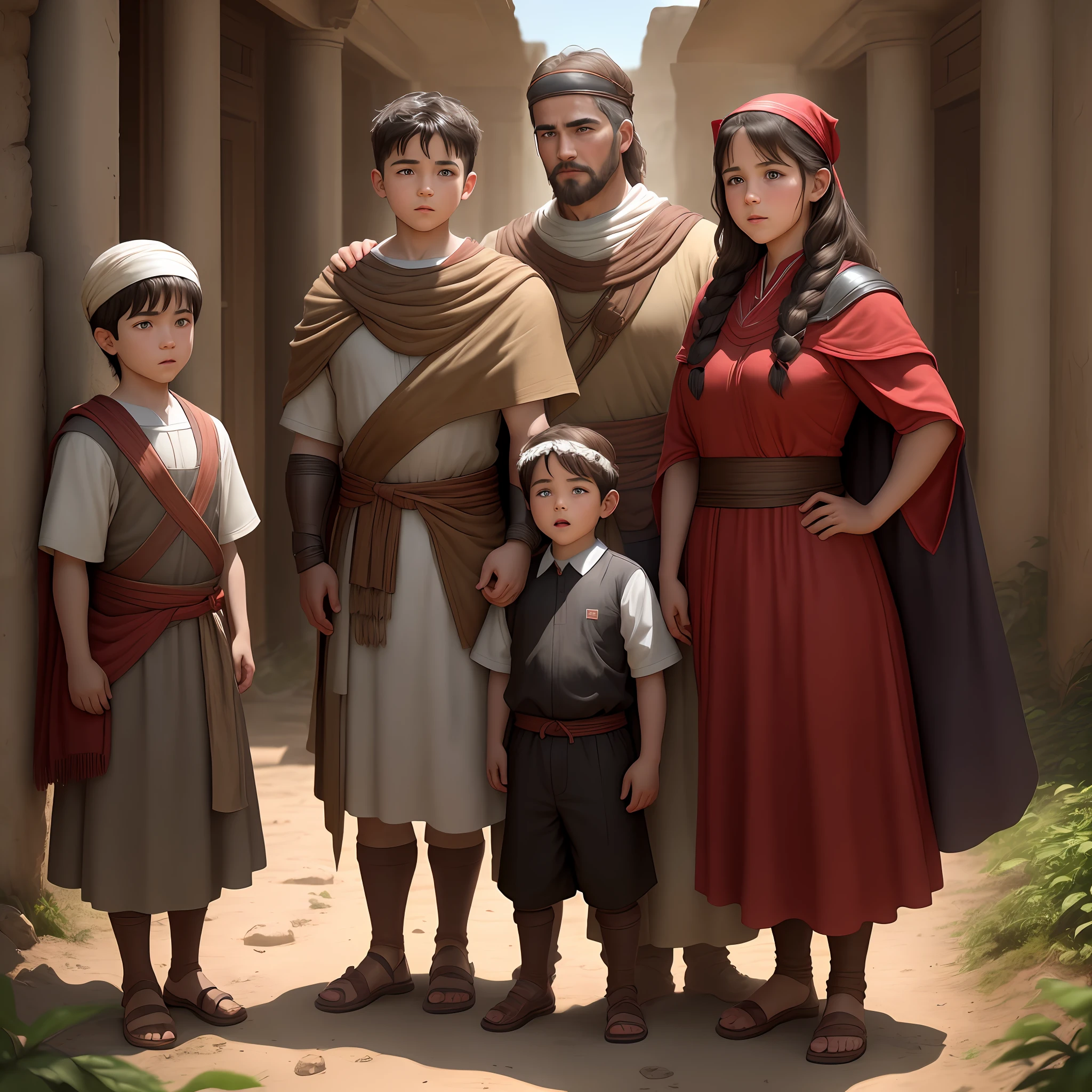 In the image, we can see in a super realistic way an ancient scenario, going back to the time of Moses. 3 boys and 2 girls together with their mother, approximately 6 years old, are in the center of the scene, wearing a bright red. He is depicted standing with his hands on his hips and a curious, determined look on his youthful face. (cinematic) (in 4k)