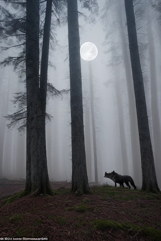 1 wolf,(a wolf howling at the moon):0.9, (dark forest, many trees):0.7, (dense fog, faint light emitted by the moon):0.8