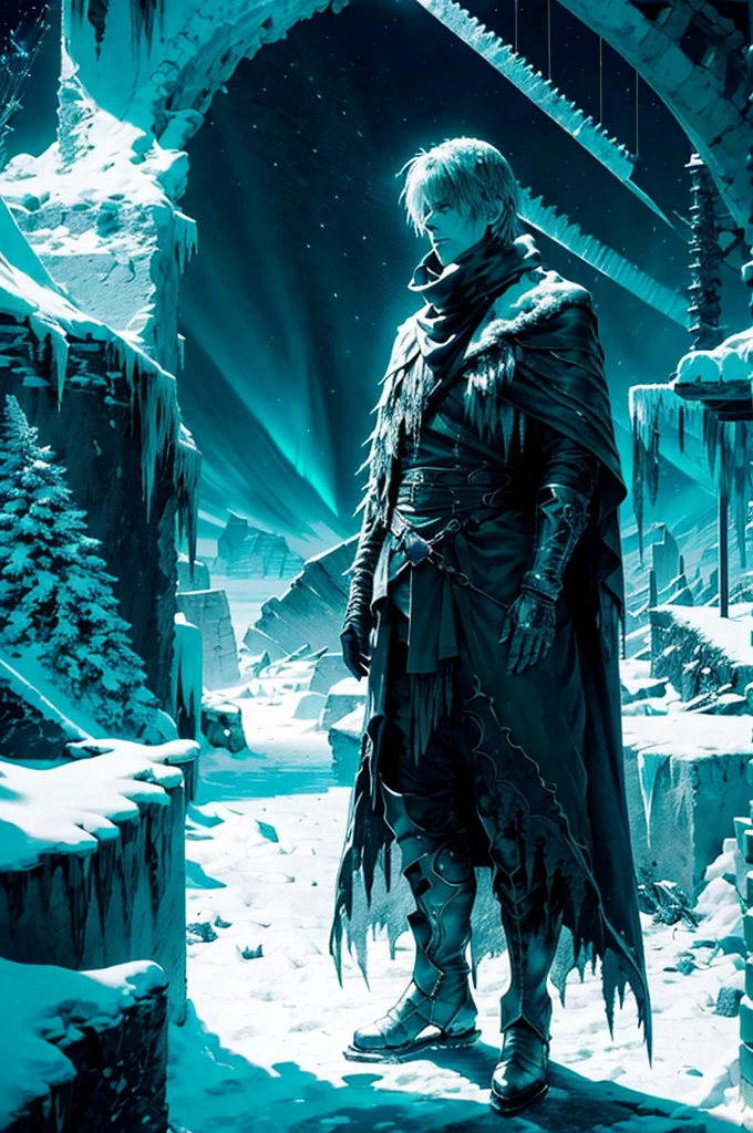 Niflheim, a dark and frozen world where all energy has been drained, revealing an endless wasteland of ice and snow. The mood is one of desolation and isolation, with the atmosphere filled with an eerie silence and a bone-chilling coldness that numbs the senses. The lighting effect is stark and unforgiving, casting long shadows and creating a monochromatic landscape of blue and white. The only source of illumination is the faint glimmer of the Northern Lights, which serve as a haunting reminder of the world's former beauty and vibrancy