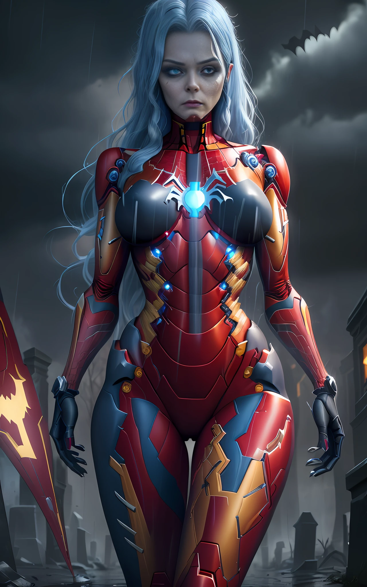 16k image, Unreal Engine 5, cartoon style, ((woman/skeleton/zombie/|iron man/Batman/spiderman)),long blue hair, blue eyes, looking at the viewer, in a macabre cemetery with heavy rain with thunder.