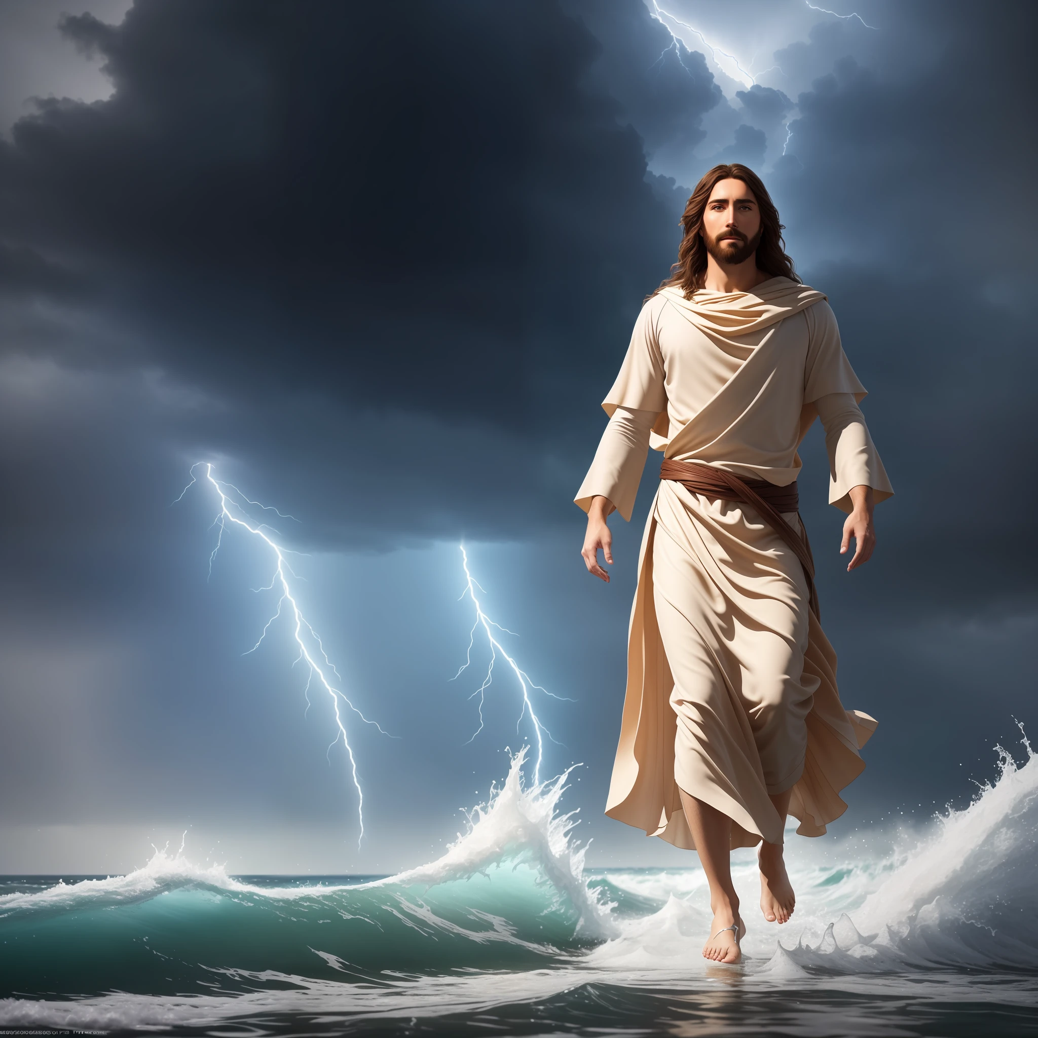 jesus walking on water in a storm, masterpiece, best quality, high quality, extremely detailed CG unit 8k wallpaper, award winning photography, Bokeh, Depth of Field, HDR, bloom, Chromatic aberration, photorealistic, extremely detailed, trending on artstation, trending on CGsociety, intricate, high detail, dramatic, mid-journey art, volumetric lighting