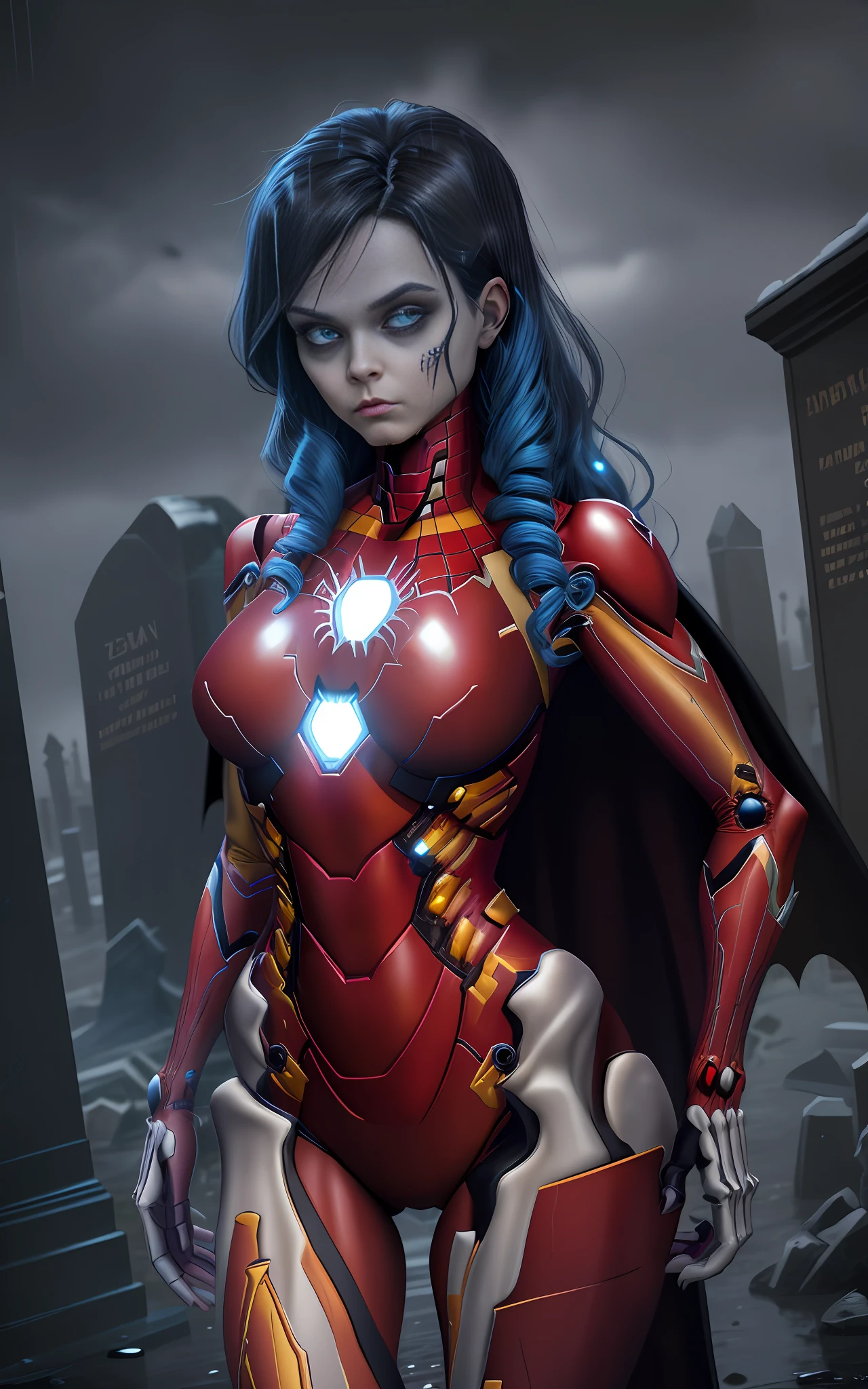 16k image, Unreal Engine 5, cartoon style, ((woman/skeleton/zombie/|iron man/Batman/spiderman)),long blue hair, blue eyes, looking at the viewer, in a macabre cemetery with heavy rain with thunder.