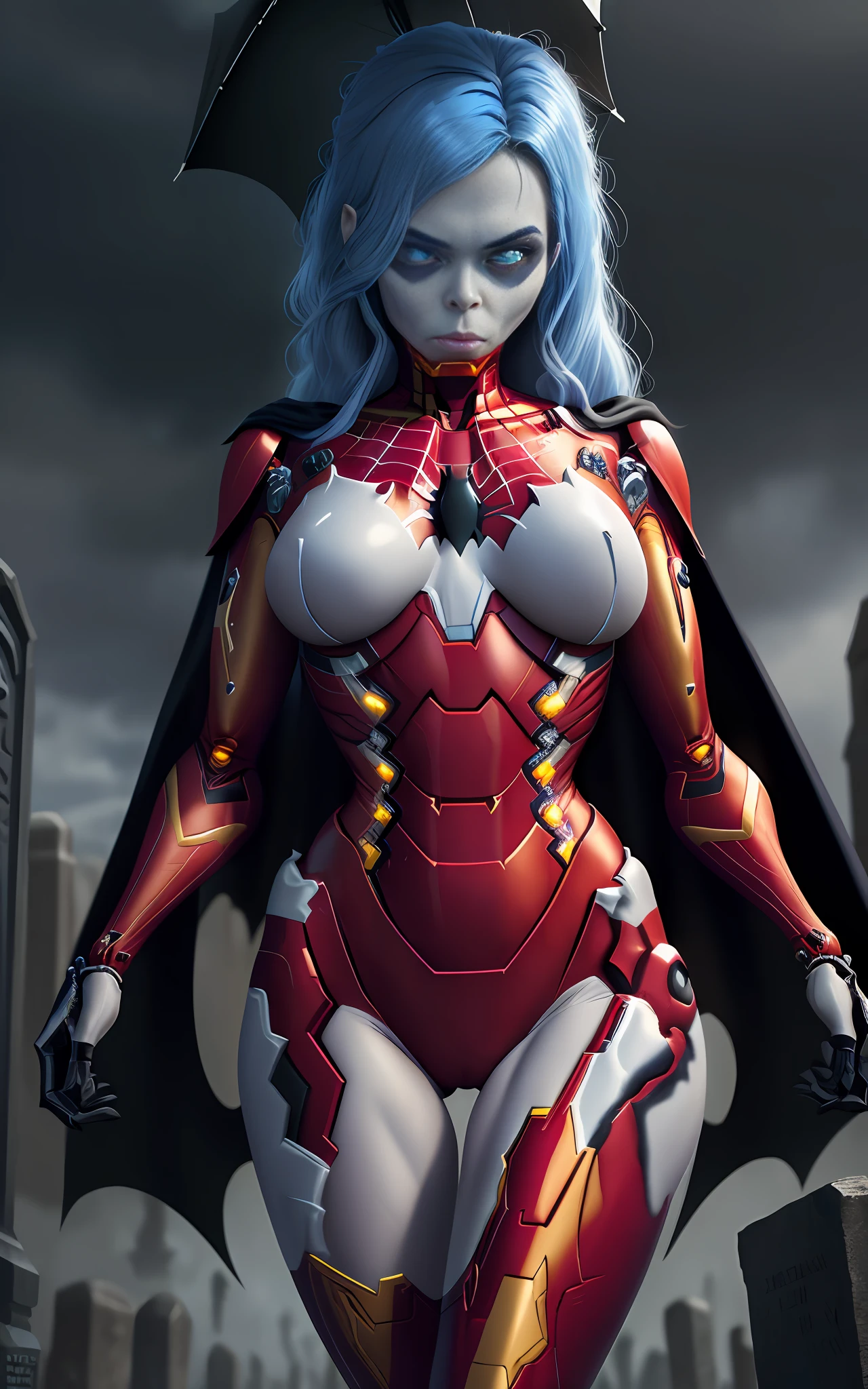 16k image, Unreal Engine 5, cartoon style, ((woman/skeleton/zombie/|iron man/Batman/spiderman)),long blue hair, blue eyes, looking at the viewer, in a macabre cemetery with heavy rain with thunder.