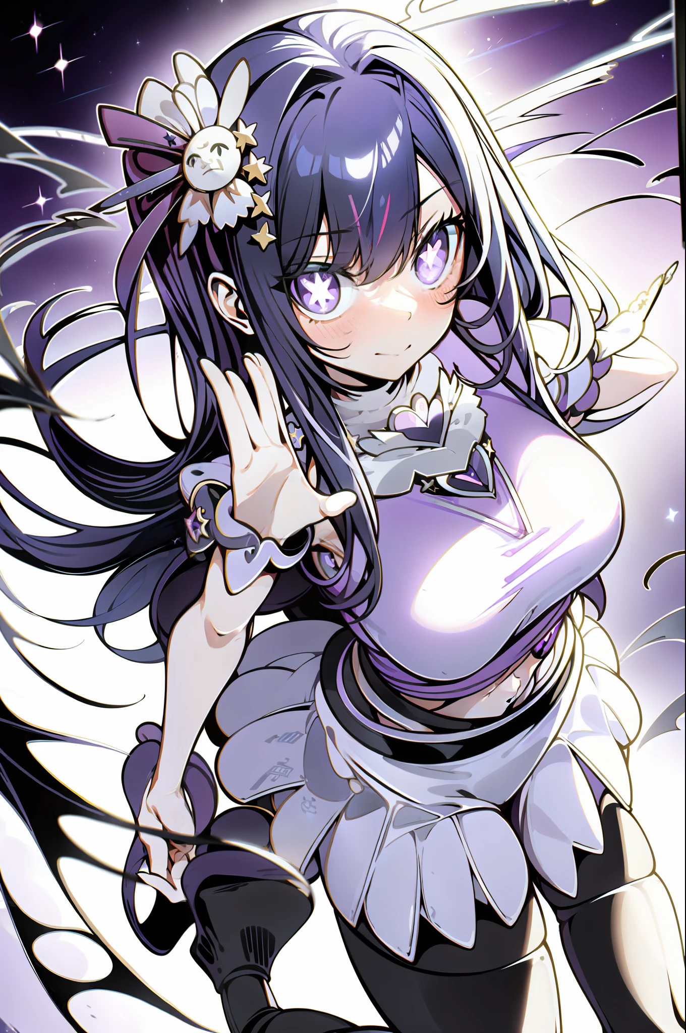 1girl, solo, Hoshino Ai, symbol-shaped pupils, star-shaped pupils, purple eyes, sparkling eyes, star in eye, symbol in eye, purple hair, long hair, angle outfit (masterpiece:1.2), highres, best quality, 8k, very clear, moon background, floating, singing, angel wings, purple sky