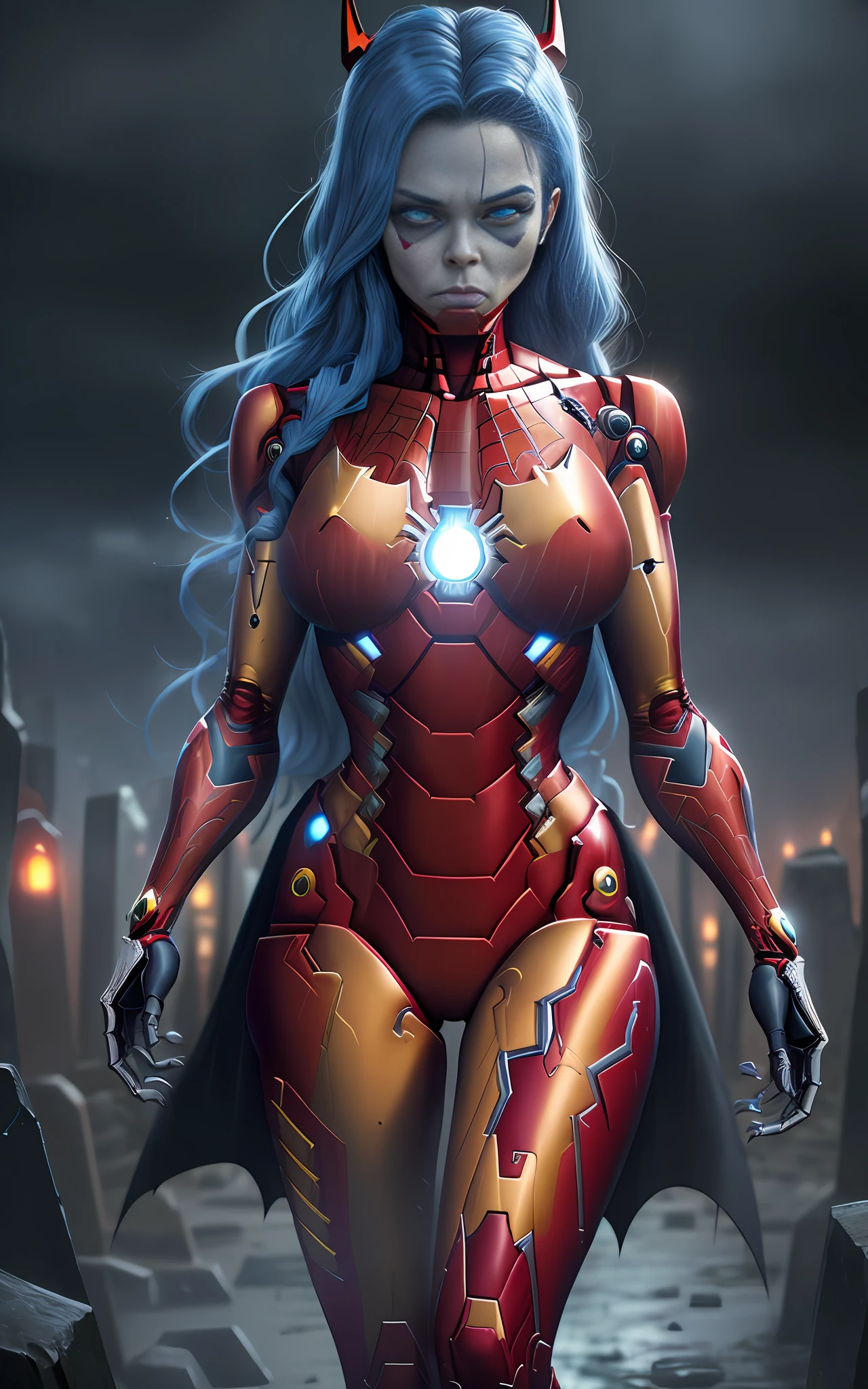 16k image, Unreal Engine 5, cartoon style, ((woman/skeleton/zombie/|iron man/Batman/spiderman)),long blue hair, blue eyes, looking at the viewer, in a macabre cemetery with heavy rain with thunder.