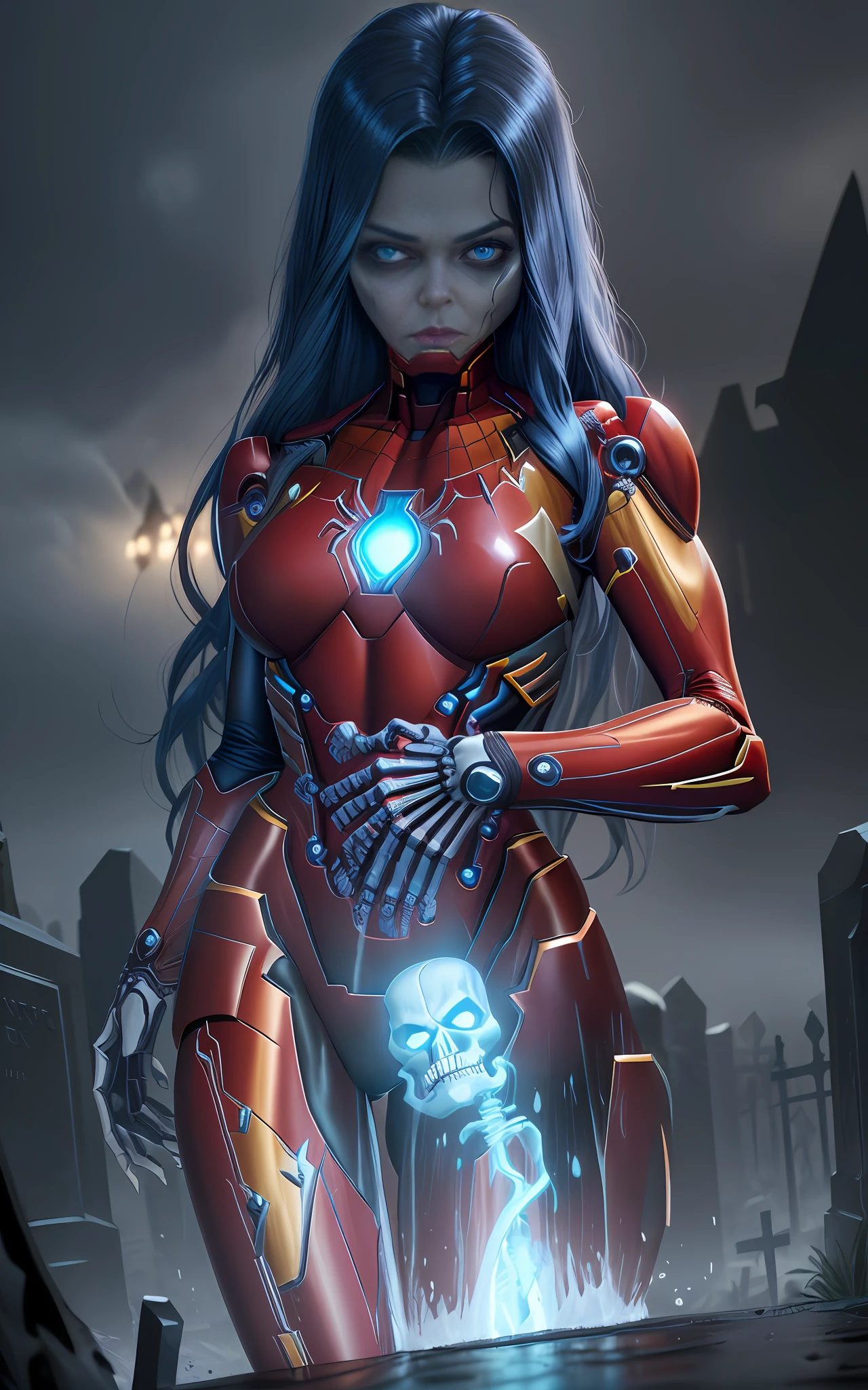 16k image, Unreal Engine 5, cartoon style, ((woman/skeleton/zombie/|iron man/Batman/spiderman)),long blue hair, blue eyes, looking at the viewer, in a macabre cemetery with heavy rain with thunder.